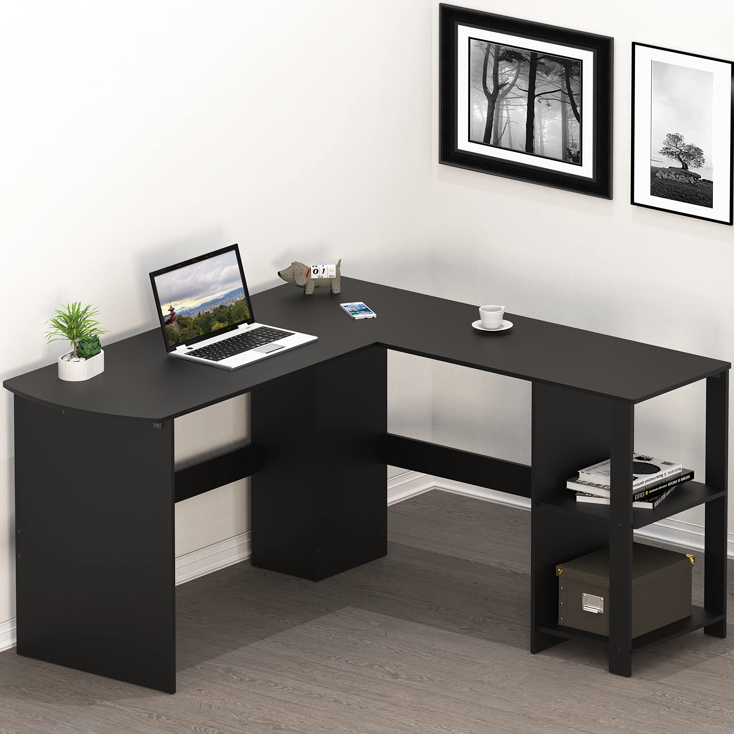 SHW L-Shaped Home Office Wood Corner Desk with Keyboard Tray, Black - Perfect for Small Spaces, Gaming & Remote Work Setup