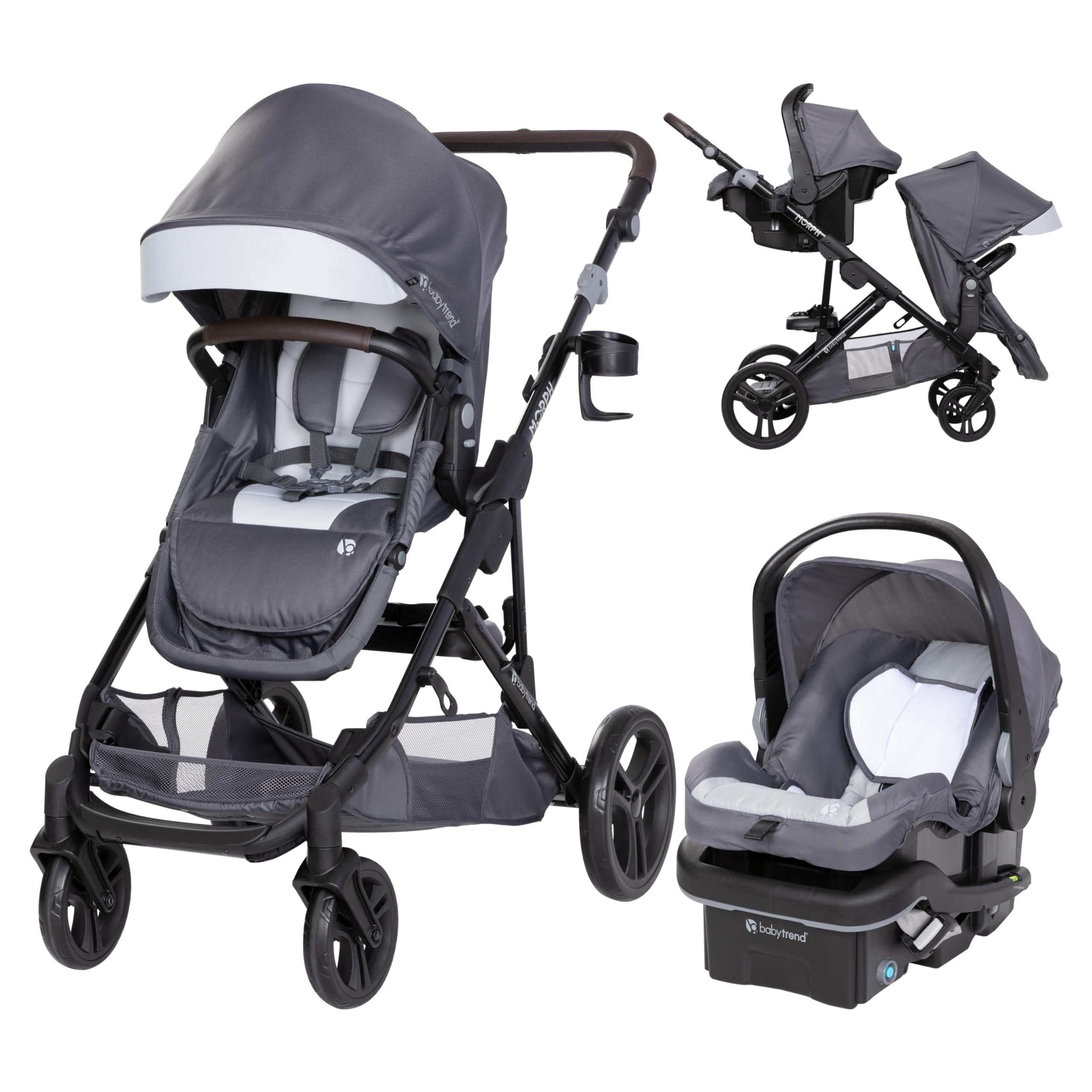 Baby Trend Morph Single to Double Modular Stroller Travel System with EZ-Lift™ PLUS Infant Car Seat - Dash Grey | Convertible Stroller for Twins or Siblings | Perfect for Shopping, Travel & Everyday Use