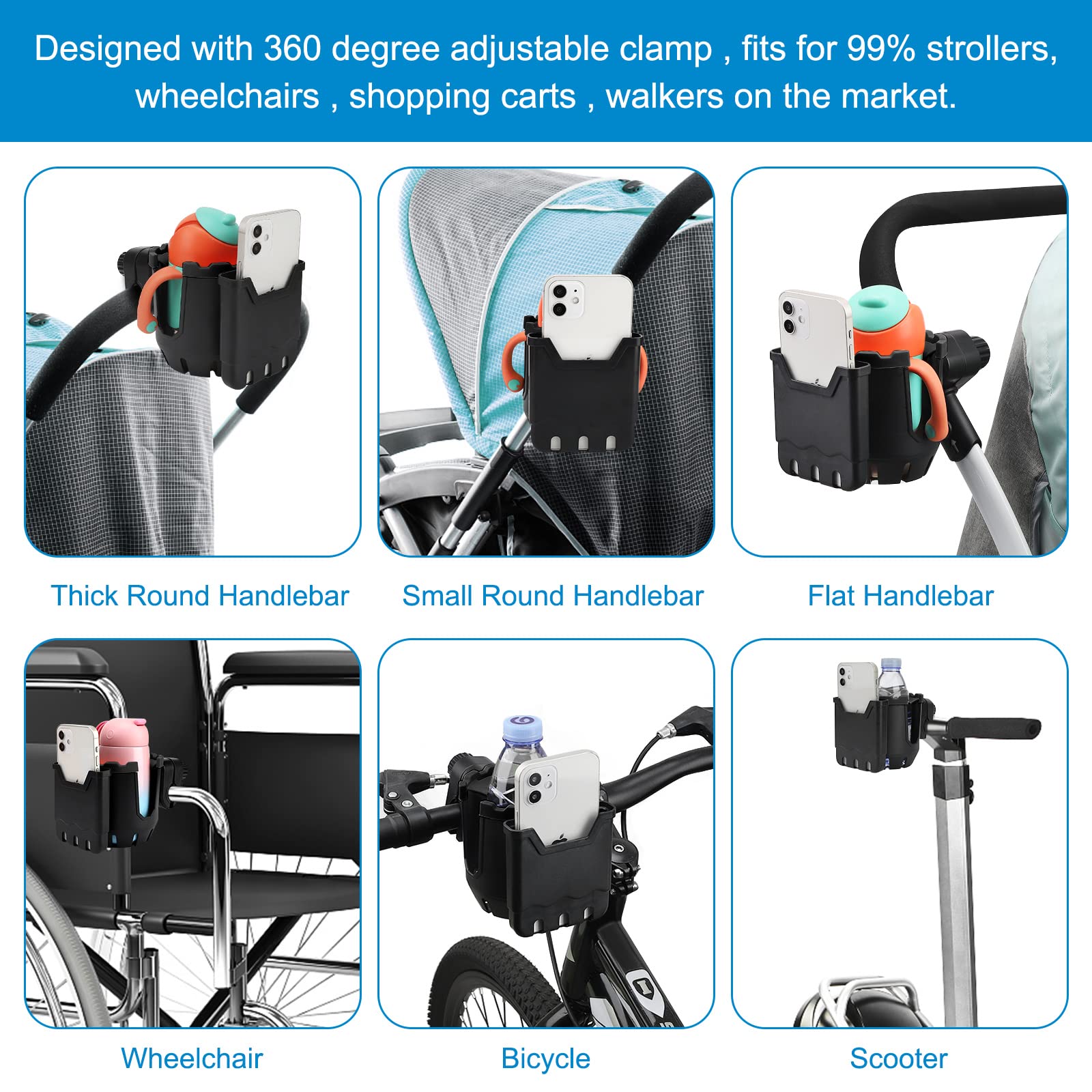 **Accmor Universal 2-in-1 Cup & Phone Holder for Strollers, Bikes, Wheelchairs, Walkers, Scooters - Compatible with Uppababy, Nuna, Doona | Perfect for Outdoor Activities, Travel, and Daily Commute**