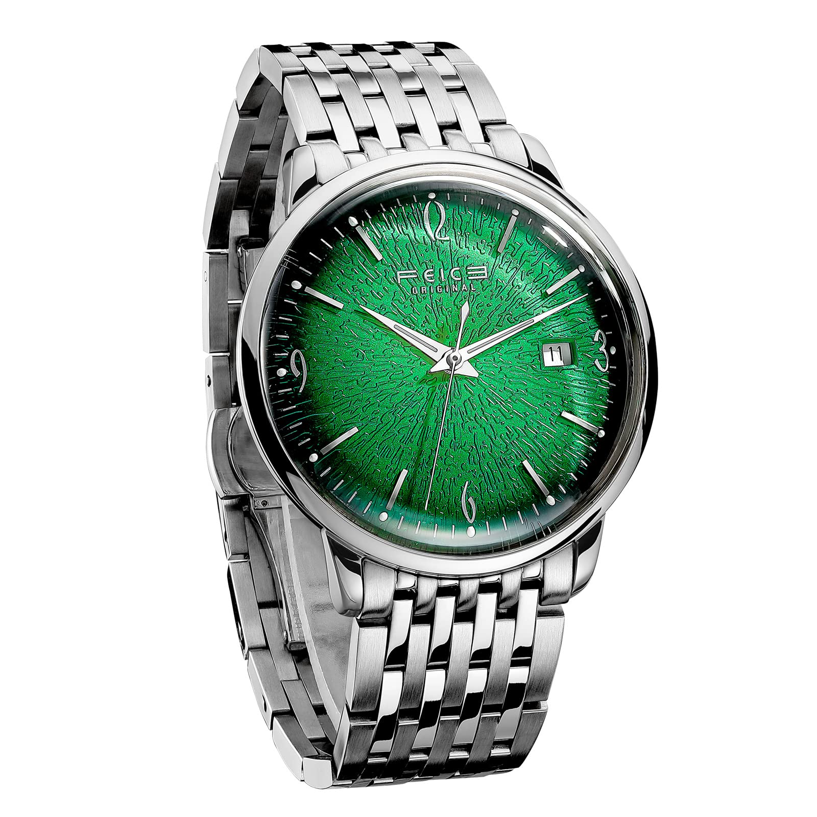 FEICE Men's Vintage Automatic Mechanical Watch - Silver Stainless Steel, Luminous Green Dial, Waterproof Dress Watch for Business & Formal Occasions | Perfect for Office, Wedding & Daily Wear (Model FF221)