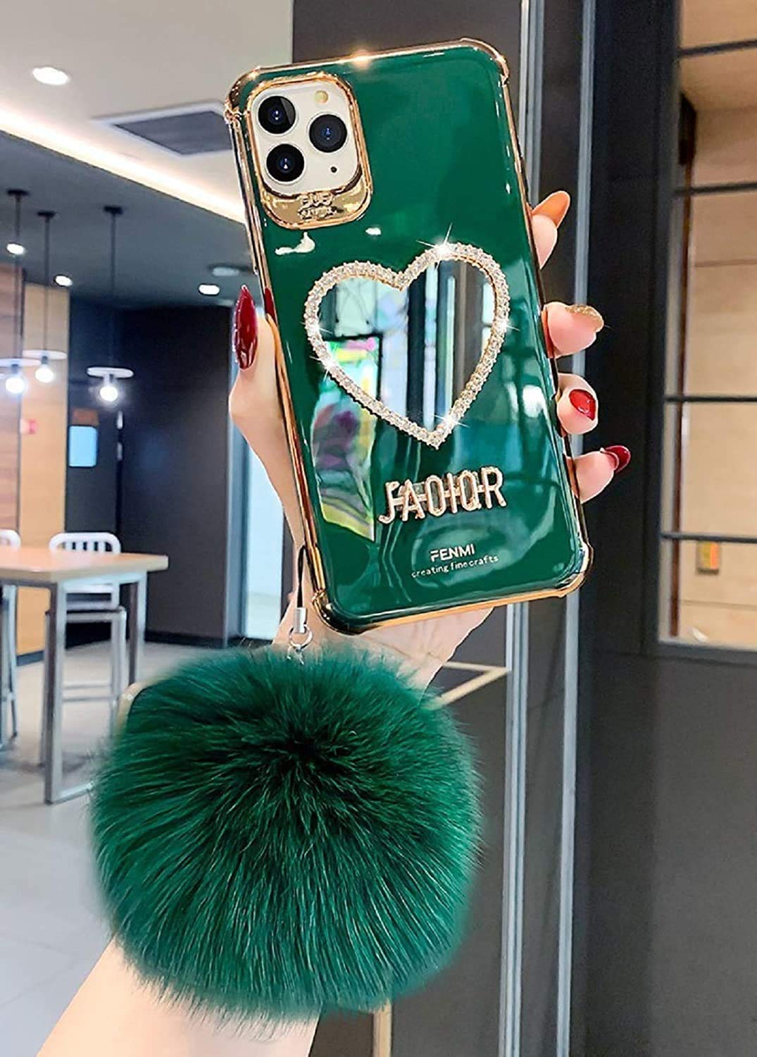 LELEBEAR Bling Heart-Shaped Mirror Phone Case for iPhone XR - Luxury Makeup Mirror Mobile Cover with LED Lights (Dark Green) | Perfect for Makeup Touch-Ups, Selfies & Glamorous Nights Out