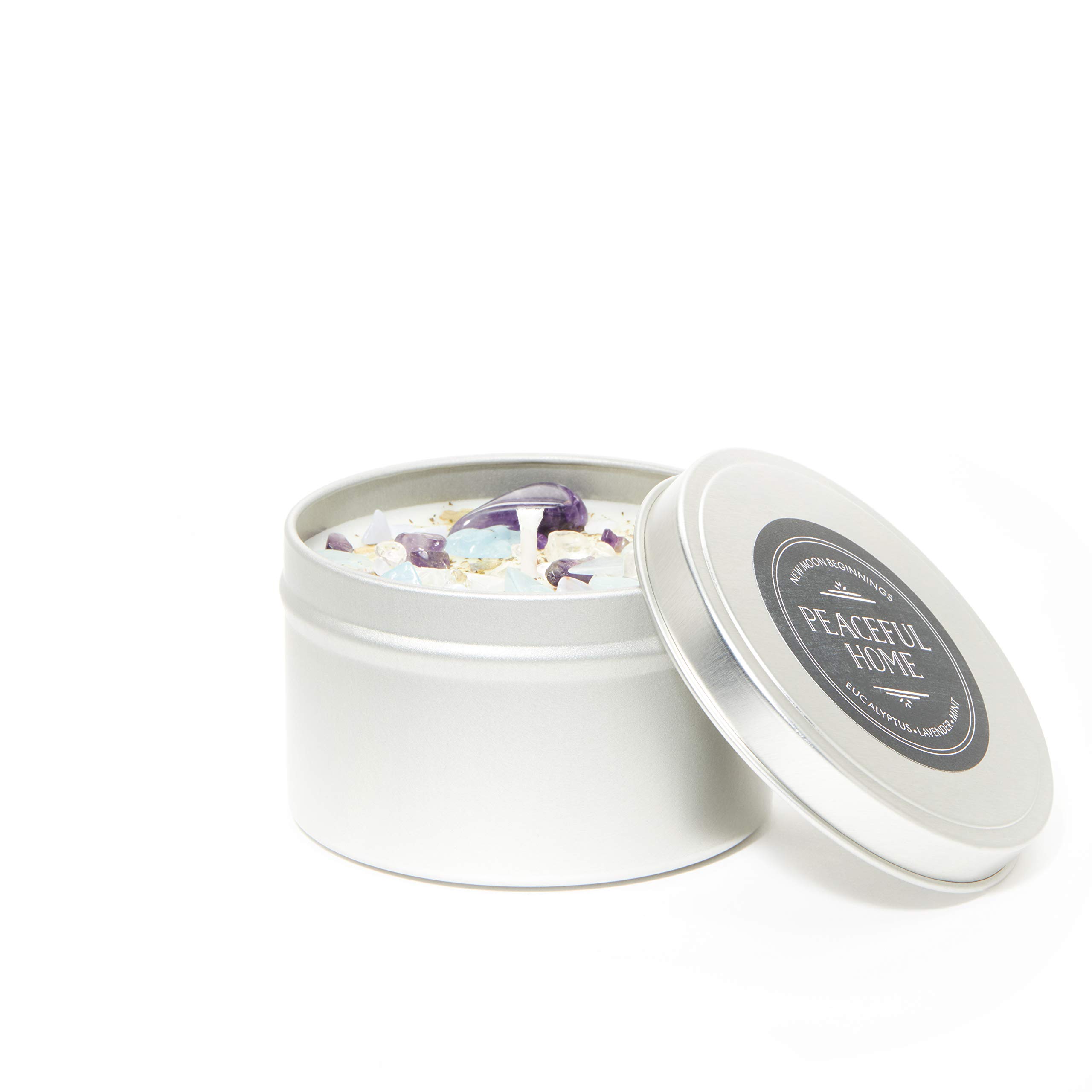 New Moon Beginnings Peaceful Home® Soy Candle - Stress Relief & Energy Clearing with Natural Essential Oils & Crystals - 8oz Tin Candle for Relaxation, Meditation & Home Decor