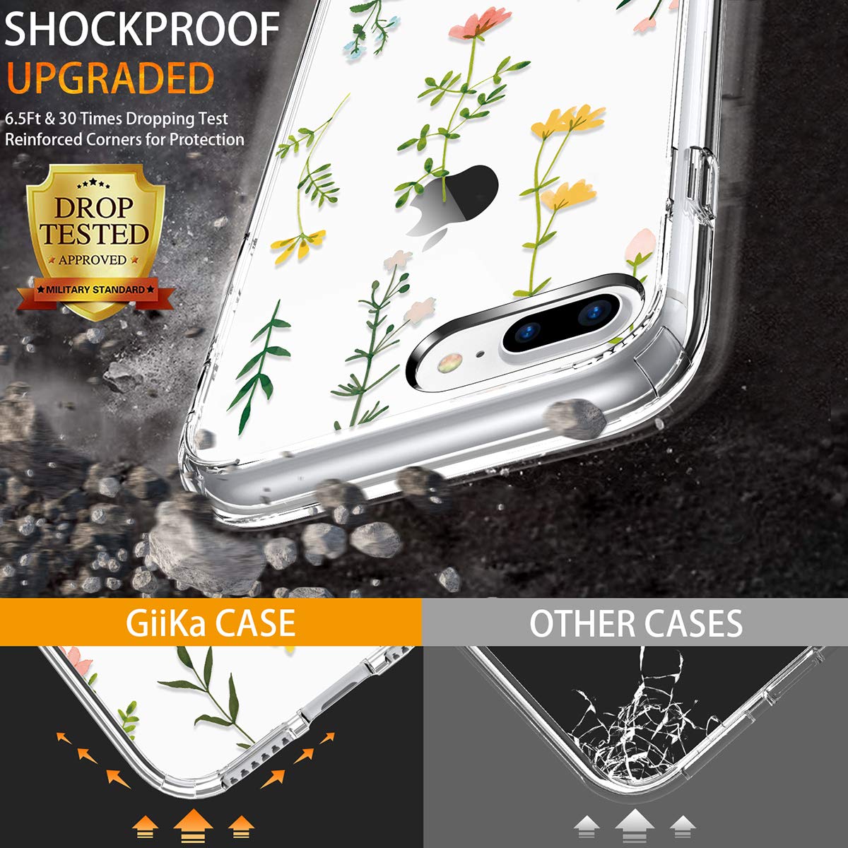 GiiKa Clear Heavy Duty Protective Case for iPhone 8 Plus/7 Plus with Screen Protector - Floral TPU Bumper Cover for Women & Girls | Perfect for Outdoor Activities, Work & Daily Use