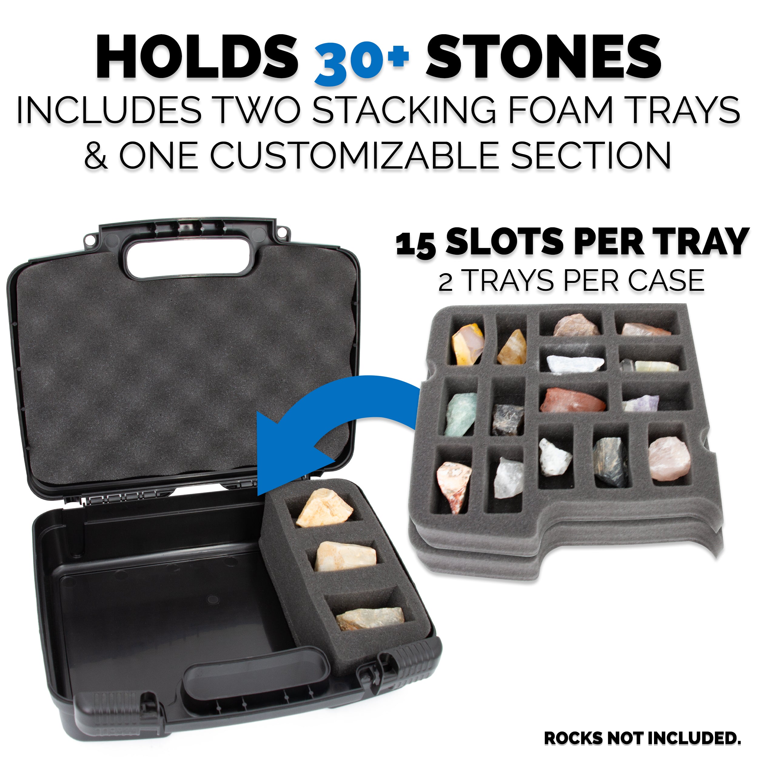 CASEMATIX Rock Collection Travel Case - 30 Slot Rock Storage Box with 2 Pre-Cut Foam Trays, Customizable Foam Sections for Crystal Protection | Perfect for Geology Field Trips, Mineral Collecting & Travel Organization