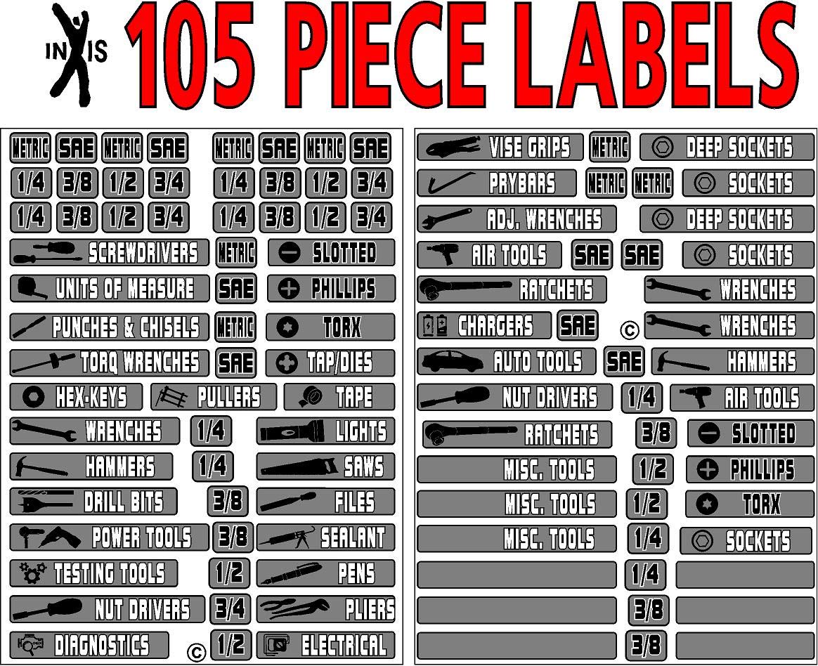 INXIS 105-Piece Tool Box Organizer Labels - Durable Pre-Printed Tool Drawer Dividers for Workshop & Garage Organization (Perfect for Mechanics, DIYers & Home Improvement)