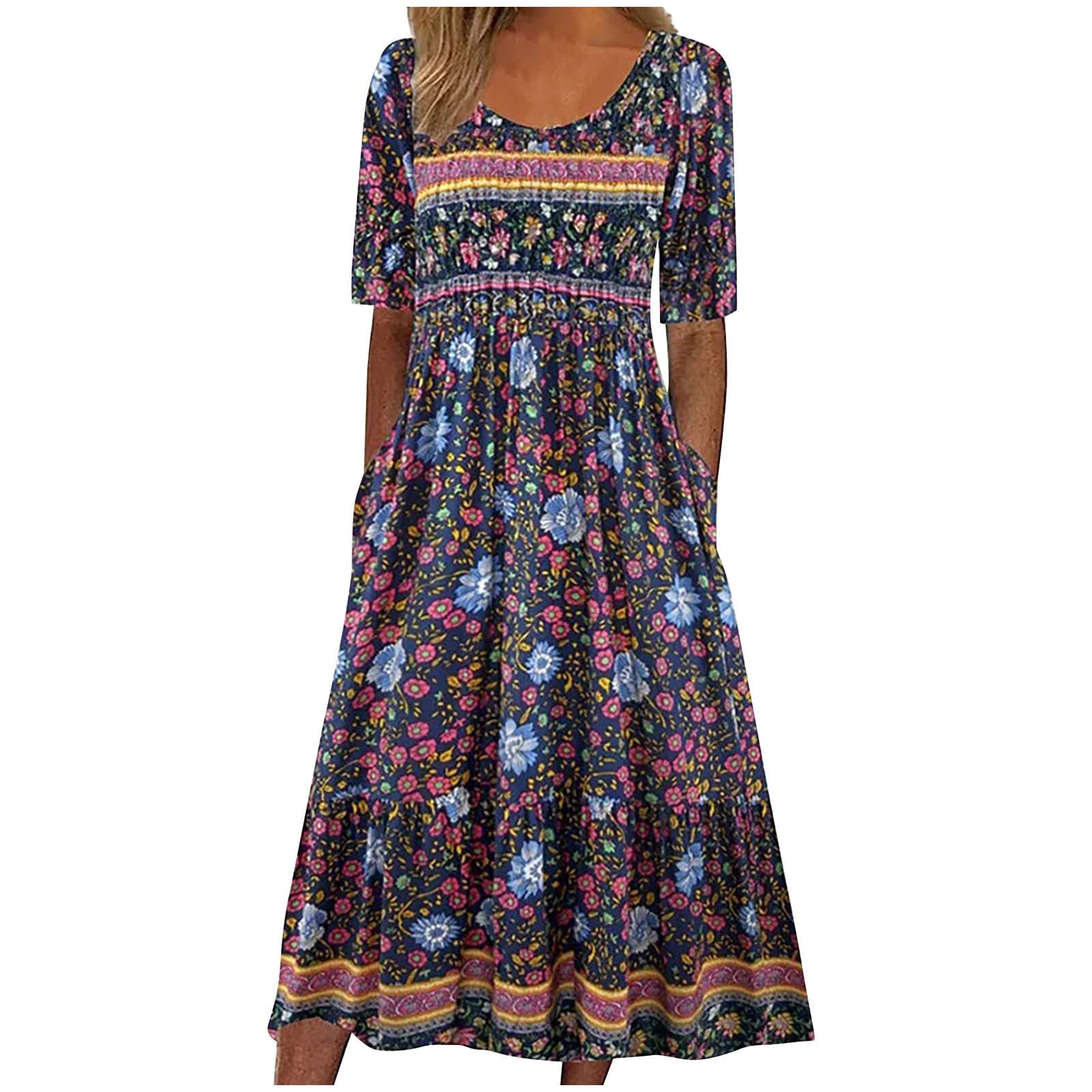 Women's Plus Size Boho Floral Print T-Shirt Dress - Casual Loose Flowy Midi Dress with Pockets for Summer 2025 | Perfect for Beach Outings, Music Festivals & Everyday Comfort