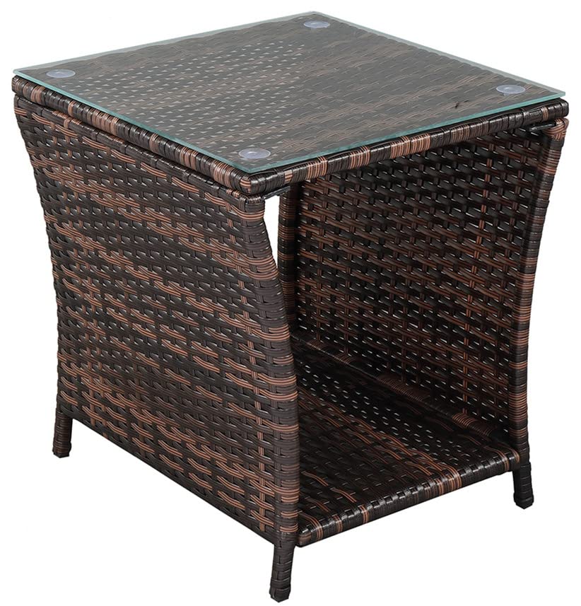 Brown Rattan Side Table with Glass Top - Outdoor Coffee Table for Poolside, Porch & Bedroom