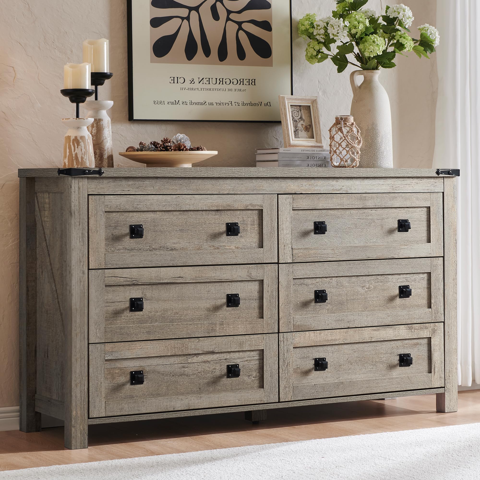 Farmhouse 6-Drawer Wood Dresser - Rustic Oak Storage Chest for Bedroom, Living Room & Hallway | Wide Drawer Organizer for Clothes, Linens & Home Decor