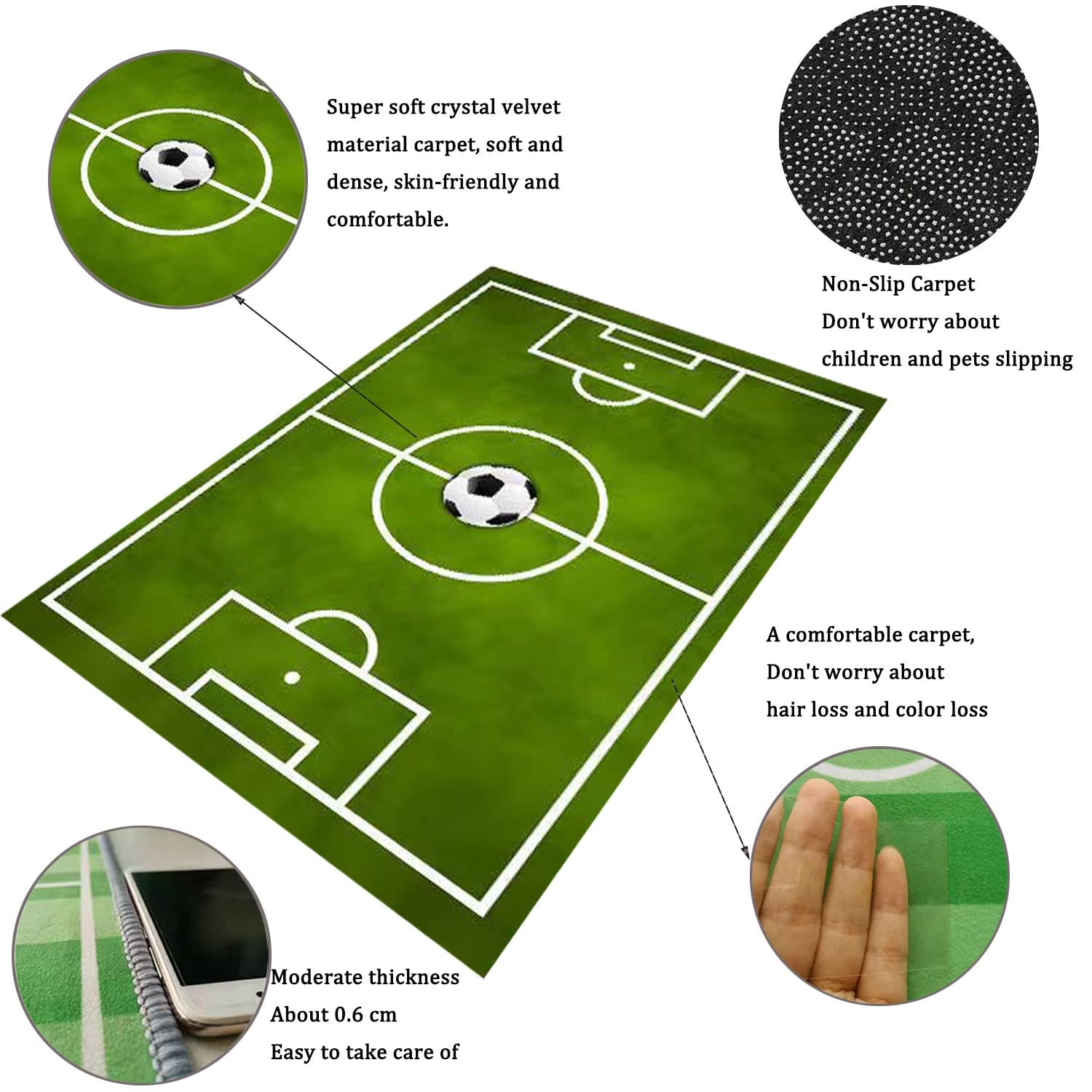 Non-Slip Kids Football Soccer Field Rug - 3.3x6.6ft Green Playmat for Boys & Girls Bedroom, Sports Room & Living Room - Perfect for Playtime, Decor & Safe Floor Activities