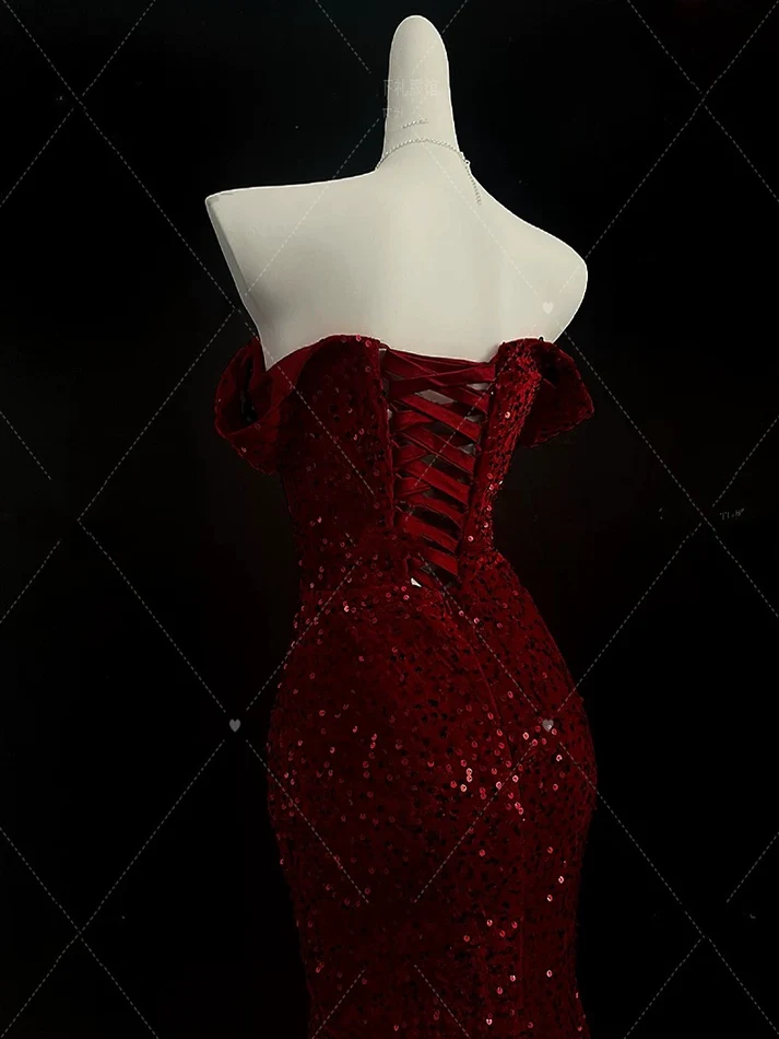 Burgundy Off Shoulder Mermaid Sequin Prom Dress - Elegant Evening Gown for Homecoming, Pageant & Formal Events - Style J6749