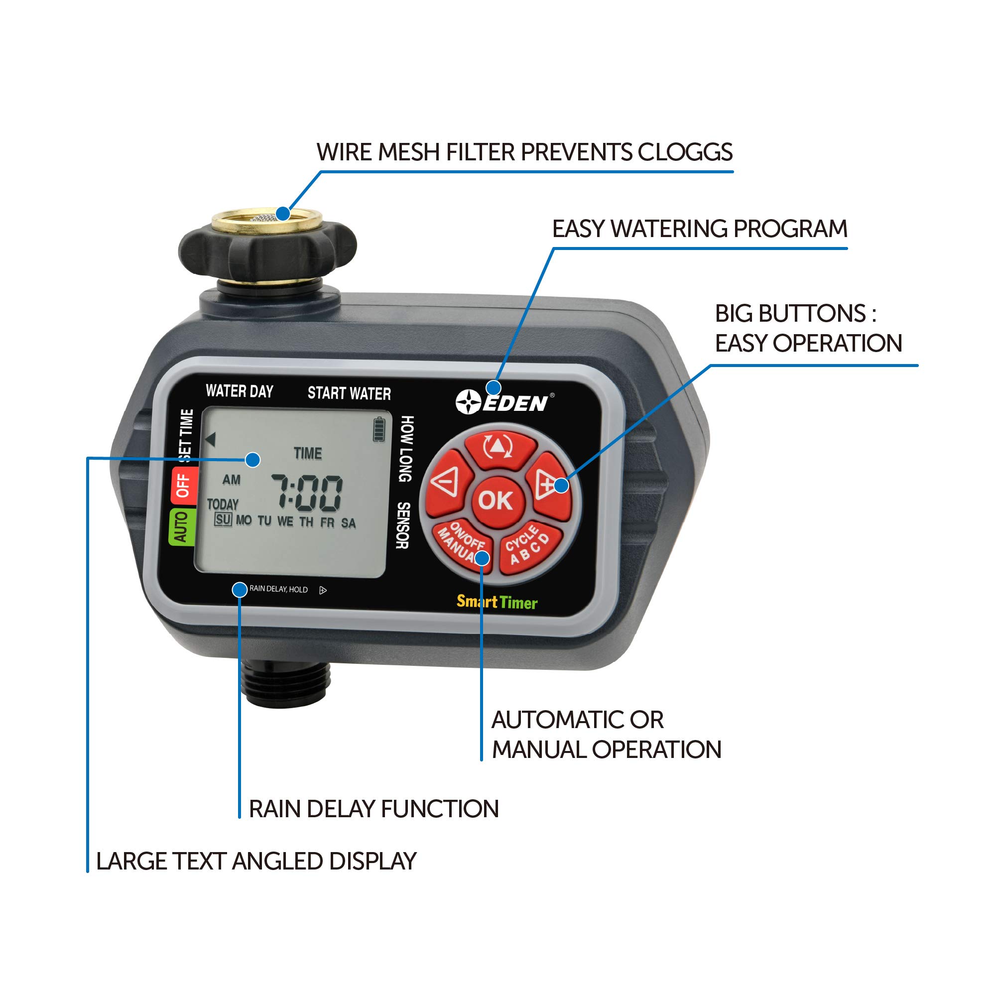 Eden 25411 1-Zone Programmable Digital Water Timer with Wireless Soil Moisture Sensor - Smart Irrigation for Lawns, Gardens & Indoor Plants