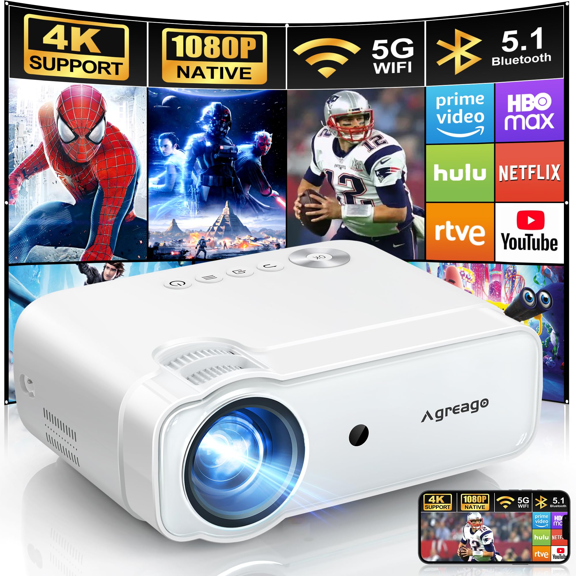 AGREAGO 1080P WiFi Bluetooth Projector - 14000L Lumens, 4K Supported, 5G WiFi, Portable Outdoor Movie Projector with Screen | Compatible with TV Stick, iOS, Android, Windows, HDMI, USB | Perfect for Home Theater, Backyard Movies, Camping & Presentations