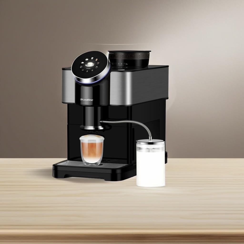 Dr.coffee H2 Fully Automatic Espresso Machine with Milk Frother - Detachable Water Tank & Bean Hopper - Round Touch Screen for Home Use - Onyx Black/Cream White - Perfect for Kitchen, Office & Coffee Shops