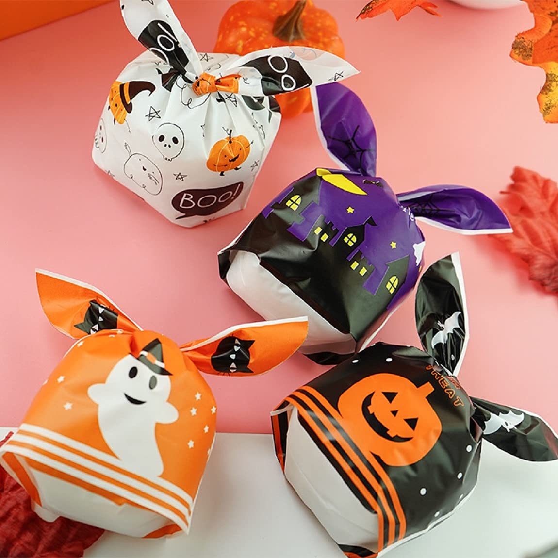 50Pcs Halloween Goodie Bags - Pumpkin & Ghost Treat Bags with Ear Ties for Candy, Cookies, Party Favors | Orange Halloween Party Supplies for Trick or Treat, Classroom Treats & Halloween Gift Giving