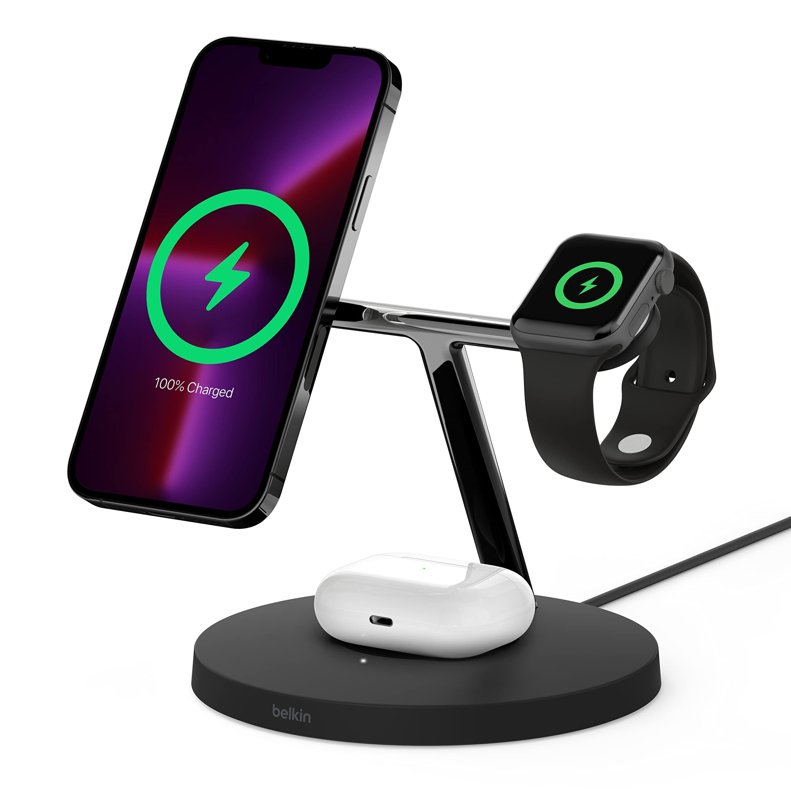 Belkin MagSafe 3-in-1 Wireless Charging Station - 15W Fast Charger for iPhone 16/15/14/13/12 Series, Apple Watch 10/9/8/SE/Ultra & AirPods - Black | Perfect for Bedside, Office Desk & Travel Charging
