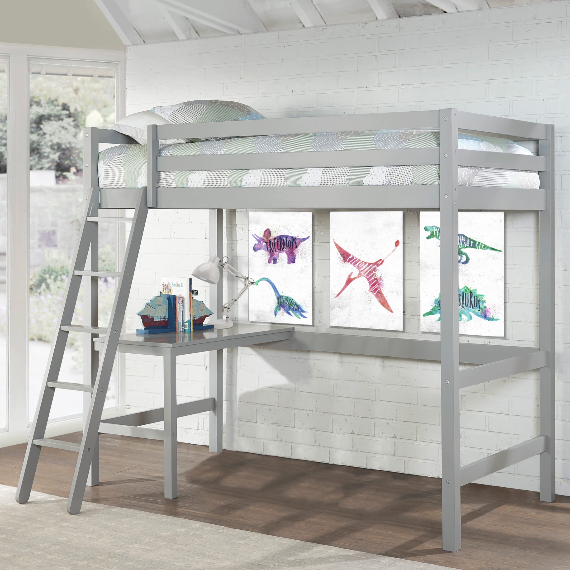 Hillsdale Furniture Caspian Twin Loft Bed with Ladder, Gray - Space-Saving Kids Bedroom Furniture for Small Rooms & Dorm Rooms