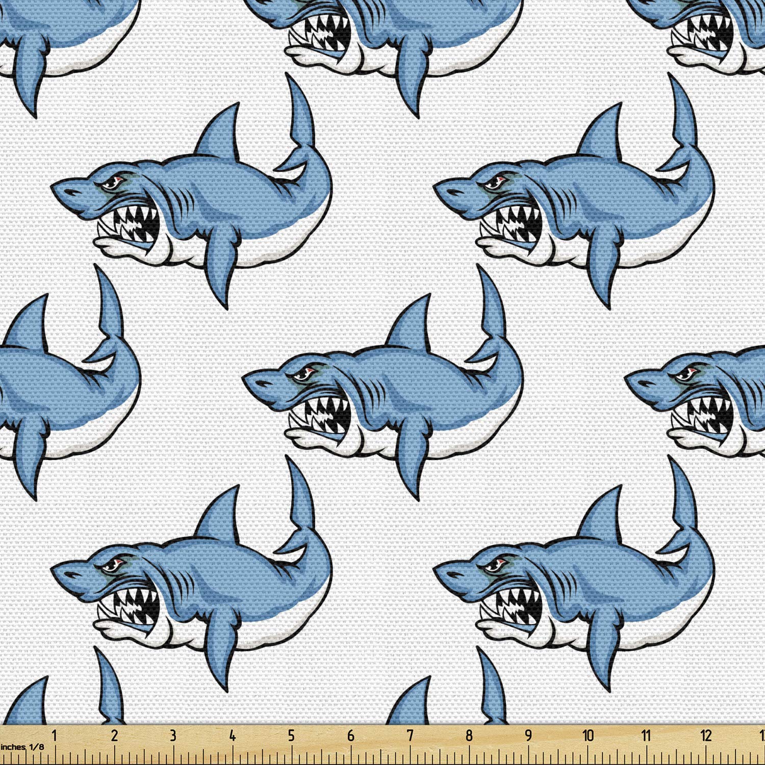 Ambesonne Sea Animals Fabric by The Yard - Fierce Predator Wild Shark Swimming with Sharp Teeth Bite Nautical Theme Pattern - Decorative Upholstery Fabric for Sofa, Curtains, Pillows - 5 Yards White Blue Fabric for Coastal Home Decor & Marine Themed Bedroom