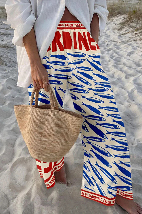 Stylish Marine Print Elastic Waist Loose Pocket Pants for Women - Comfortable Beachwear & Casual Summer Outfits