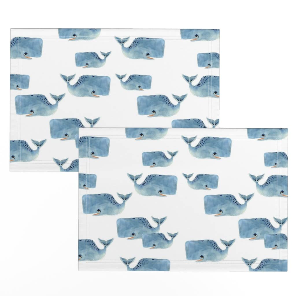 Whale Pod Blue Watercolor Ocean Print Linen Cotton Canvas Placemats (Set of 2) - Elegant Table Setting for Dining Room, Kitchen, or Beach House Decor