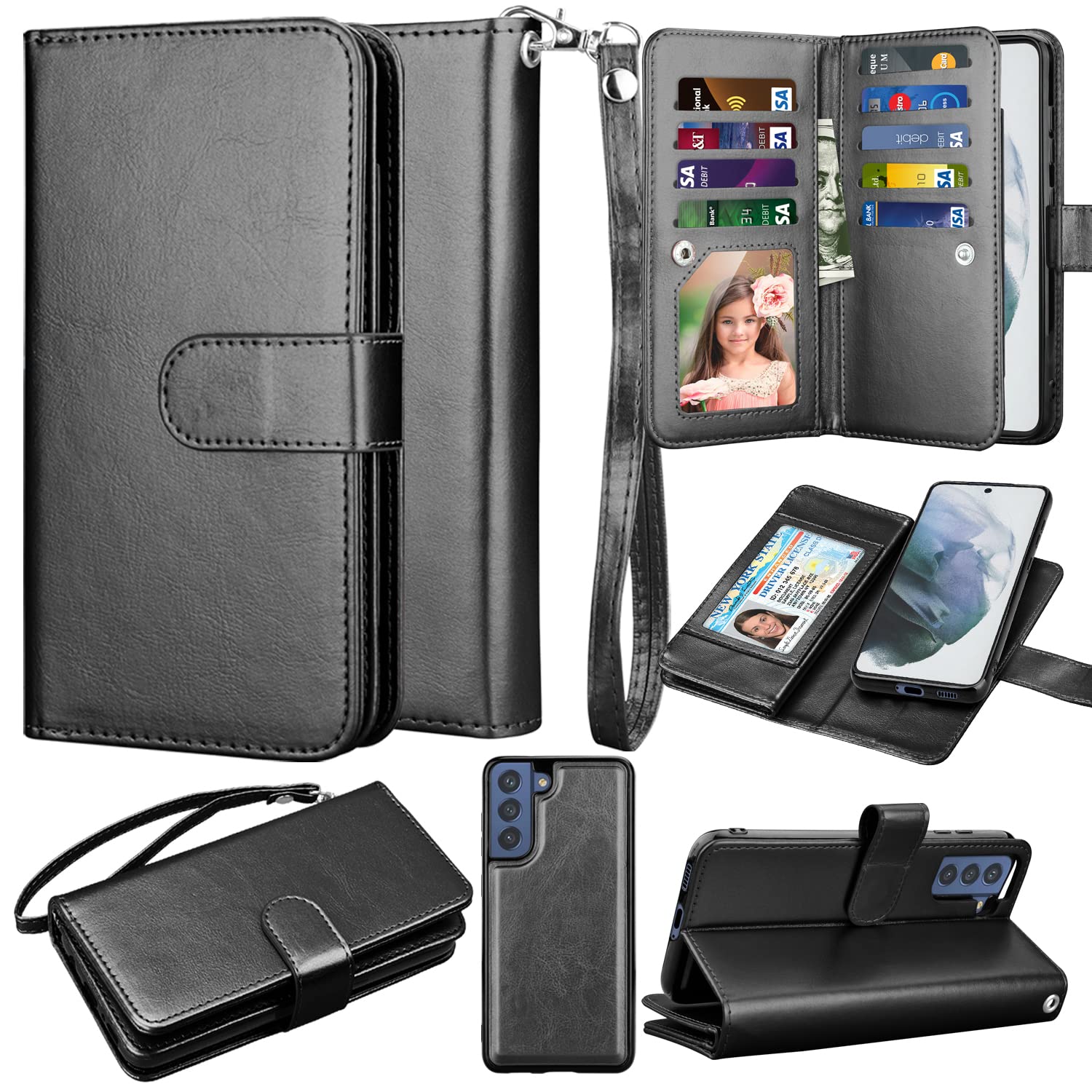 Premium Leather Wallet Case for Samsung Galaxy S21 FE 5G - RFID Blocking Credit Card Holder with 9 Slots, Detachable Magnetic Flip Cover, Built-in Kickstand & Carrying Strap (Black) - Perfect for Travel, Work & Everyday Protection
