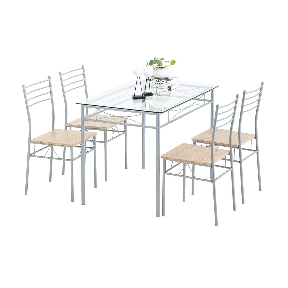 Modern 5-Piece Dining Table Set with Tempered Glass Top & Chairs - Silver Kitchen & Dining Room Furniture for Small Spaces, Apartments, and Family Gatherings