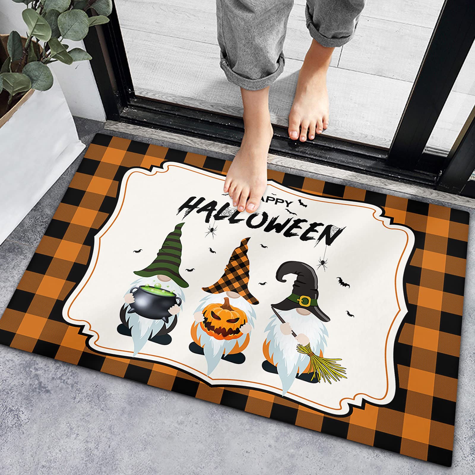Happy Halloween Gnomes Non-Slip Doormat - Pumpkin Black Buffalo Plaid Welcome Mat for Front Door, Bathroom & Kitchen - Waterproof Entryway Rug for Fall Decor & Holiday Home Decorating