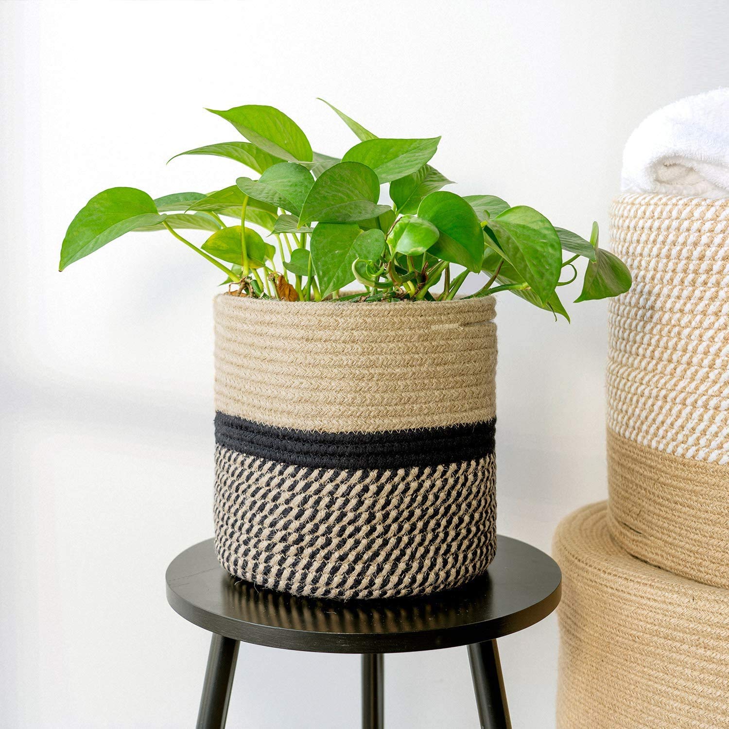 **TIMEYARD Sturdy Jute Rope Plant Basket – 8” x 8” Modern Woven Storage Organizer for Indoor Plants, Flower Pots & Home Decor – Rustic Black Stripes Design – Perfect for Living Room, Bedroom, or Office Decor**