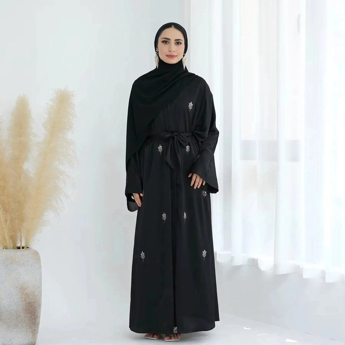 Hand Stitched Beaded Wrinkle Satin Cardigan Open Abaya #25829 - Elegant Muslim Women's Cover-Up for Prayer, Wedding & Special Occasions