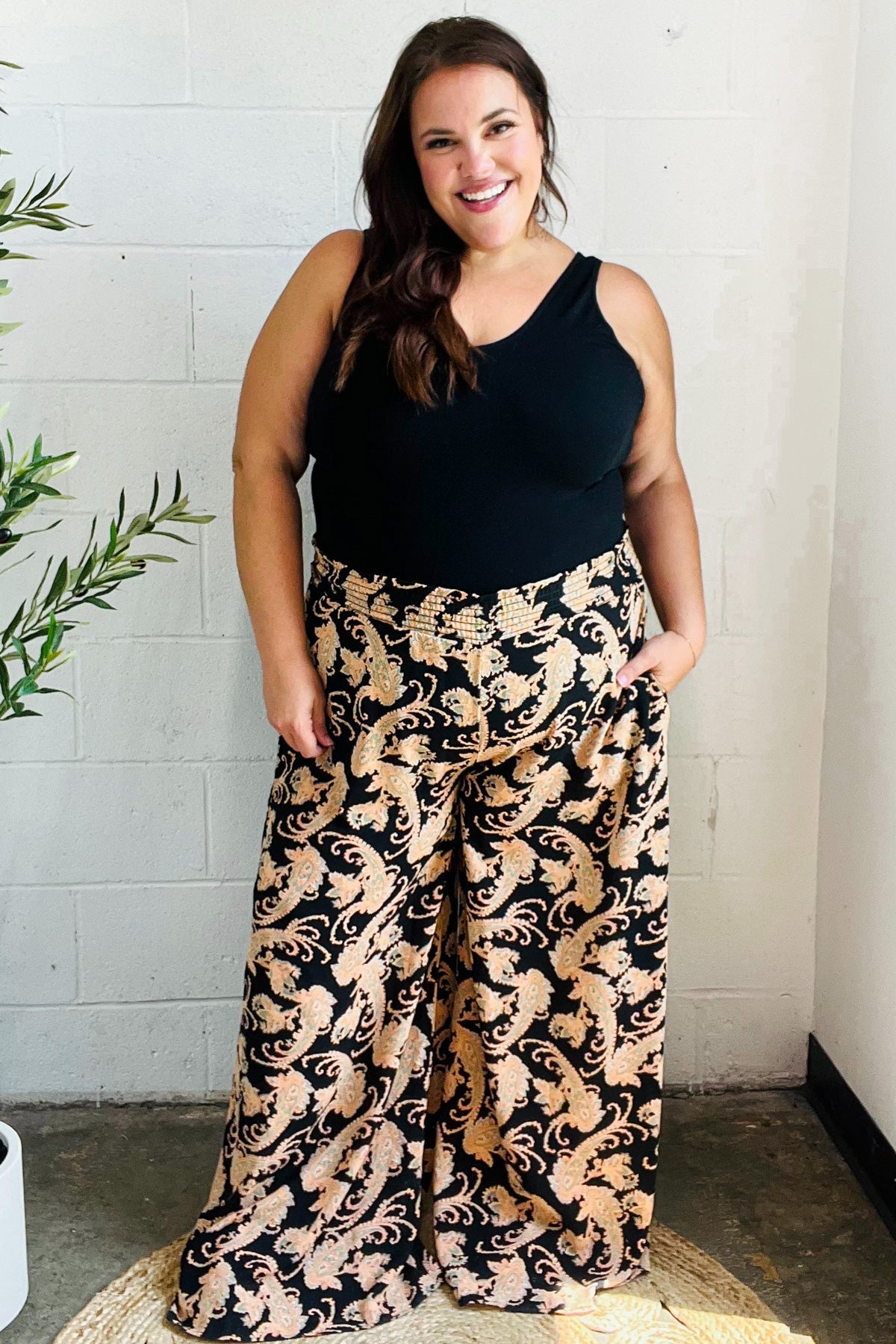 Black Paisley Print Smocked Waist Palazzo Pants for Women - Fall Fashion Wide Leg Trousers with Elastic Waistband | Perfect for Autumn Outfits, Office Wear & Casual Chic Looks