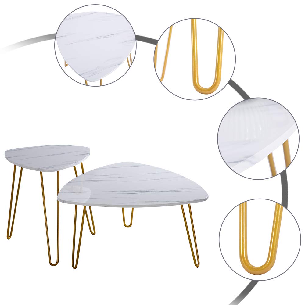 Modern White Marble & Metal Nesting Coffee Tables Set of 2 - Minimalist End/Side Tables for Living Room, Sofa & Home Office - Perfect for Small Spaces, Lounge Areas & Contemporary Decor