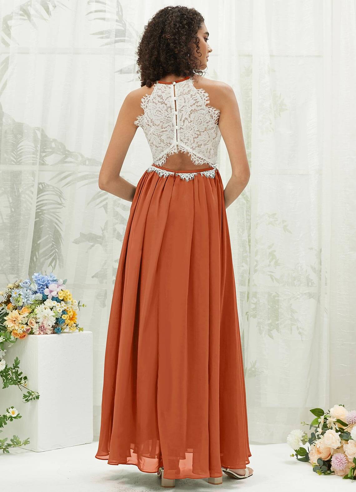 Elegant Burnt Orange Lace Halter Neck Backless Chiffon Slit Bridesmaid Dress - Perfect for Weddings, Parties & Formal Events