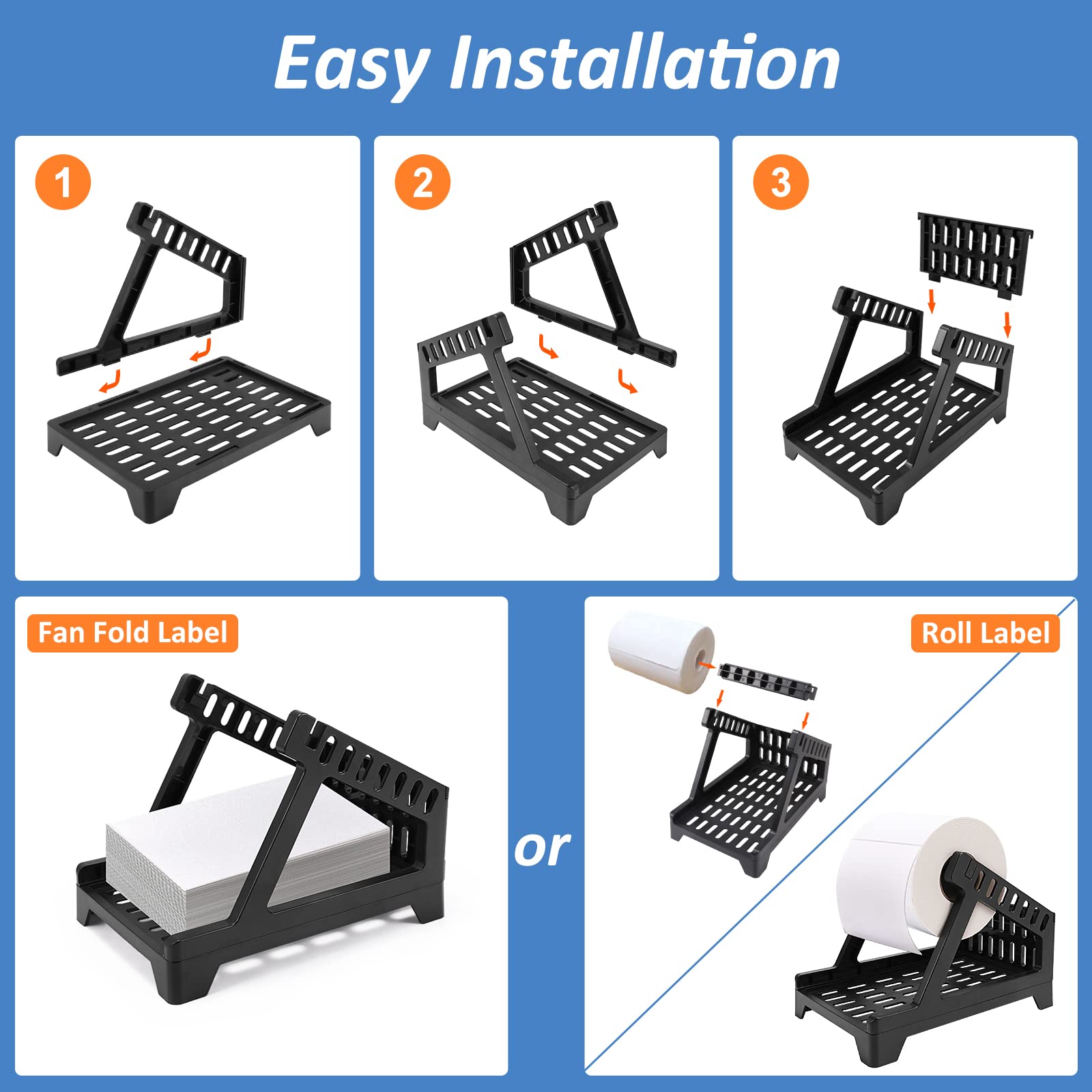 Thermal Label Holder for Shipping Labels - Compatible with Rolls & Fanfold Labels - Desktop Label Stand for Home & Office Use - Durable Black Printer Accessory (Ideal for E-commerce, Warehouse, and Shipping Departments)