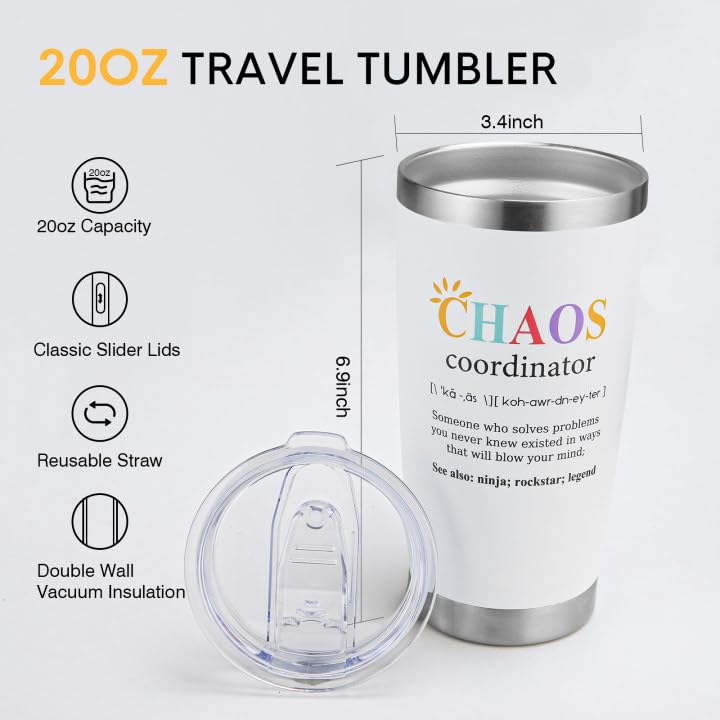 NOWWISH Chaos Coordinator Tumbler 20oz - Funny Thank You Gift for Mom, Women, Coworkers, Teachers & Nurses - Perfect for Mother's Day, Birthday & Office Appreciation - White Insulated Cup for Coffee, Tea & Daily Use