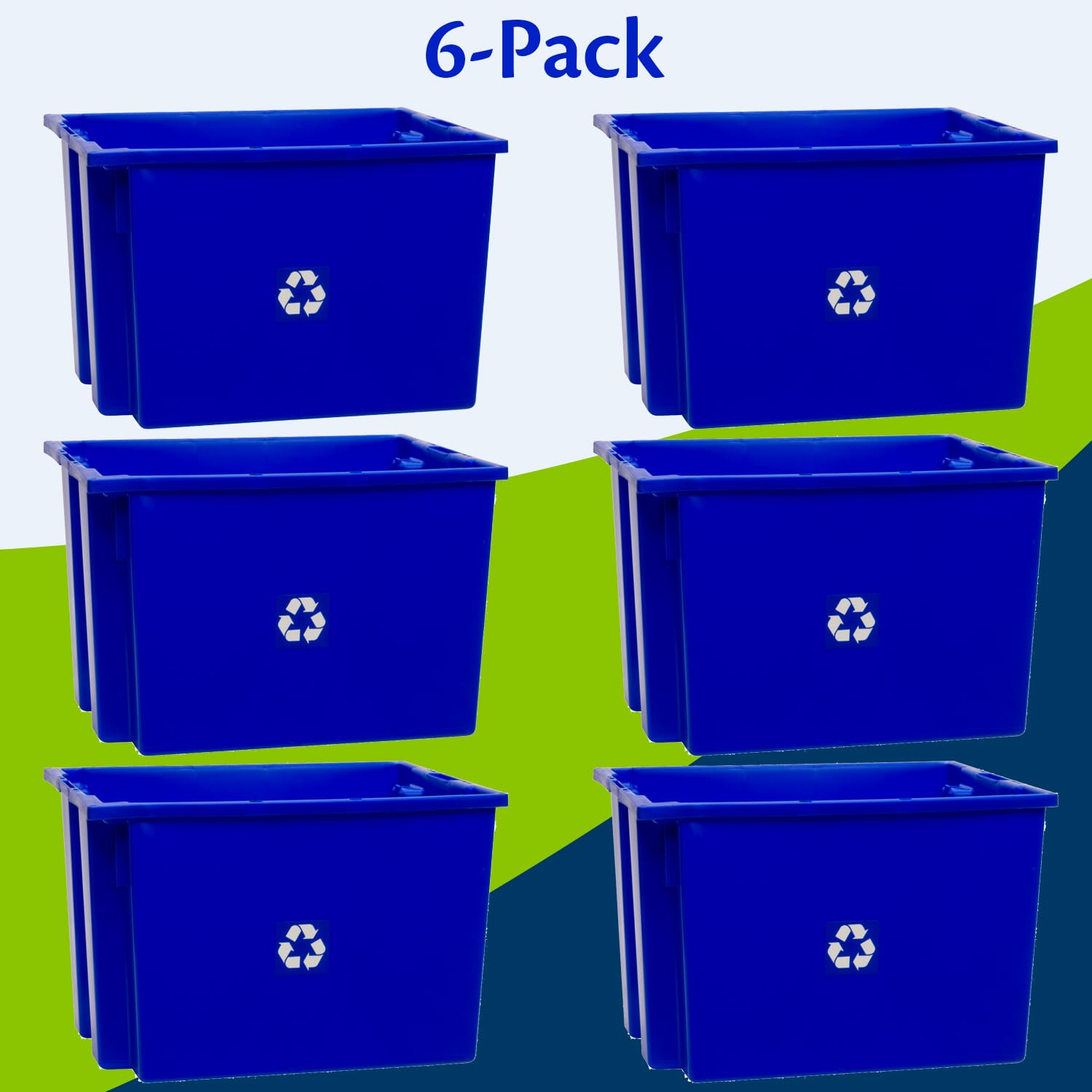 6-Pack Heavy Duty Stackable Recycling Bins - 13 Gallon Large Capacity Trash Containers (19.5