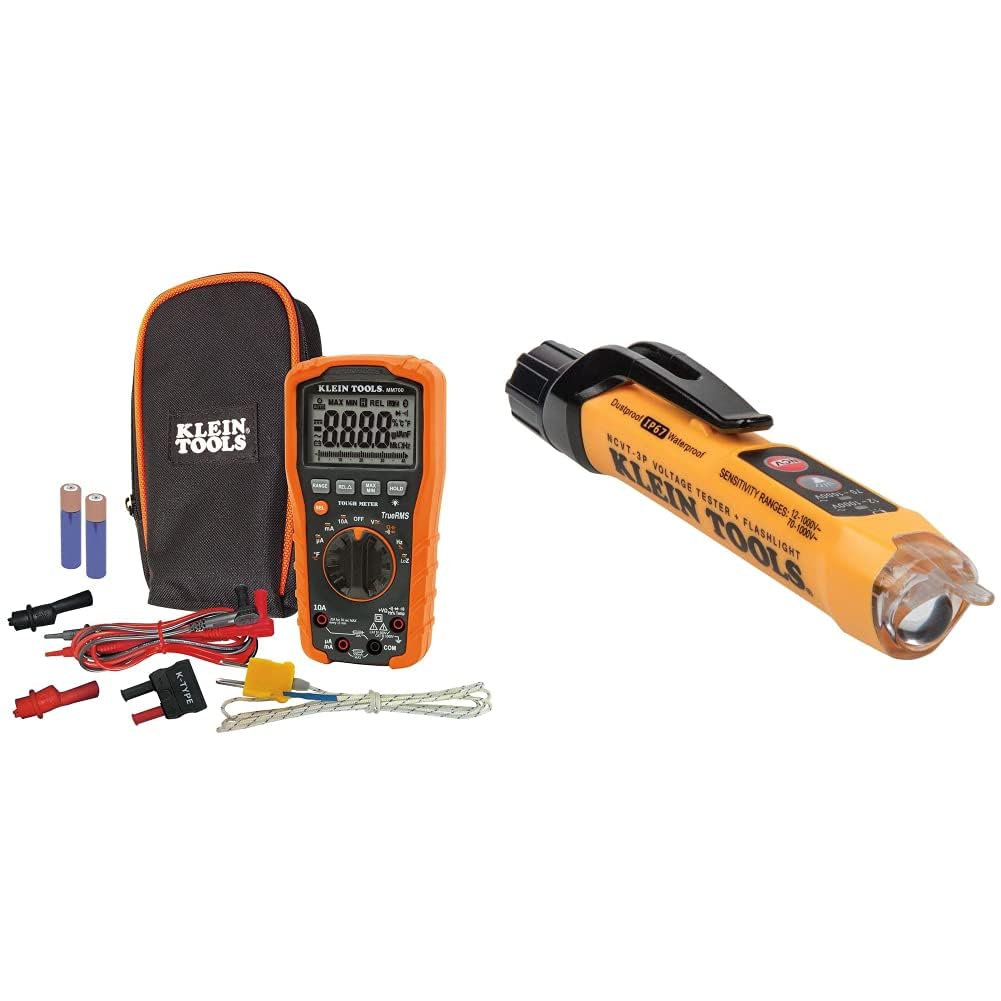 Klein Tools MM700 Digital Multimeter with NCVT3P Non-Contact Voltage Tester - 1000V AC/DC, 12-1000V Voltage Detection, Flashlight, Audible & Visual Alarms, Pocket Clip - Ideal for Electricians, HVAC Technicians & Home Electrical Projects