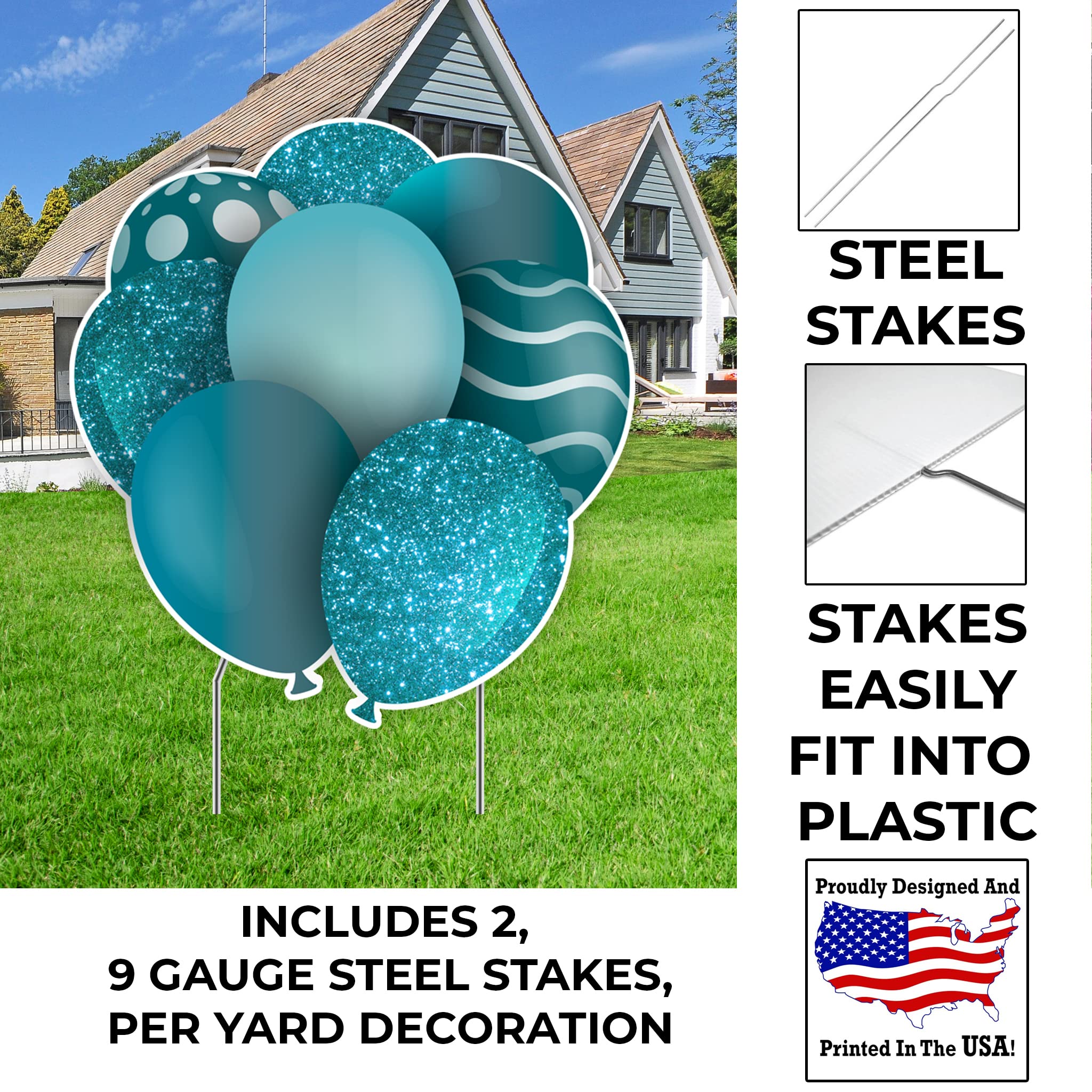 23.5 Inch Teal Balloon Bouquets Yard Decor Set - 2 Mirrored Birthday Balloon Signs with Stakes & EZ Filler | Outdoor Party Decorations for Birthday Celebrations, Graduations & Special Events