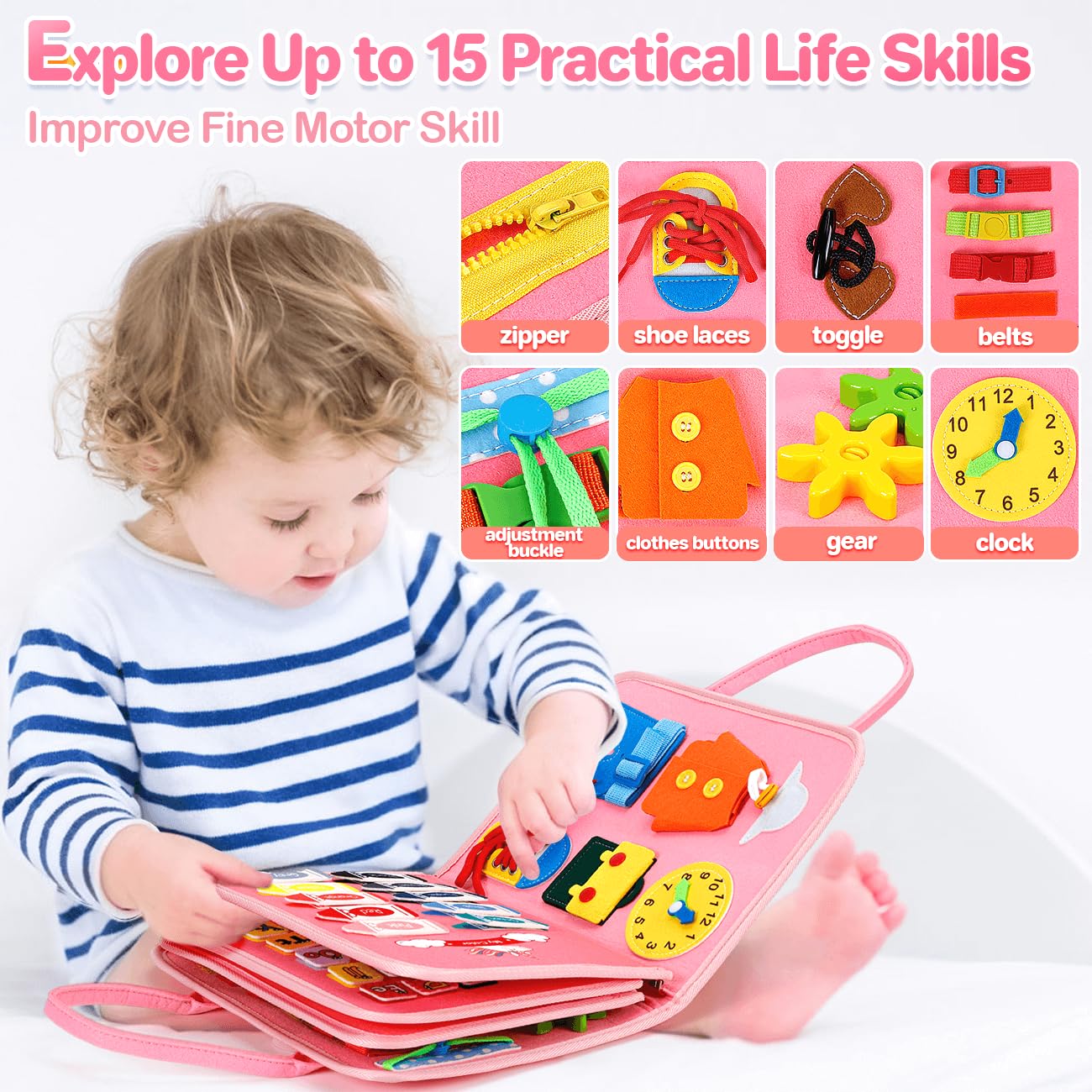 Montessori Busy Board for Toddlers 1-3 - Educational Sensory Travel Toy for Preschool Learning | Perfect Birthday Gift for 1-2 Year Old Girls