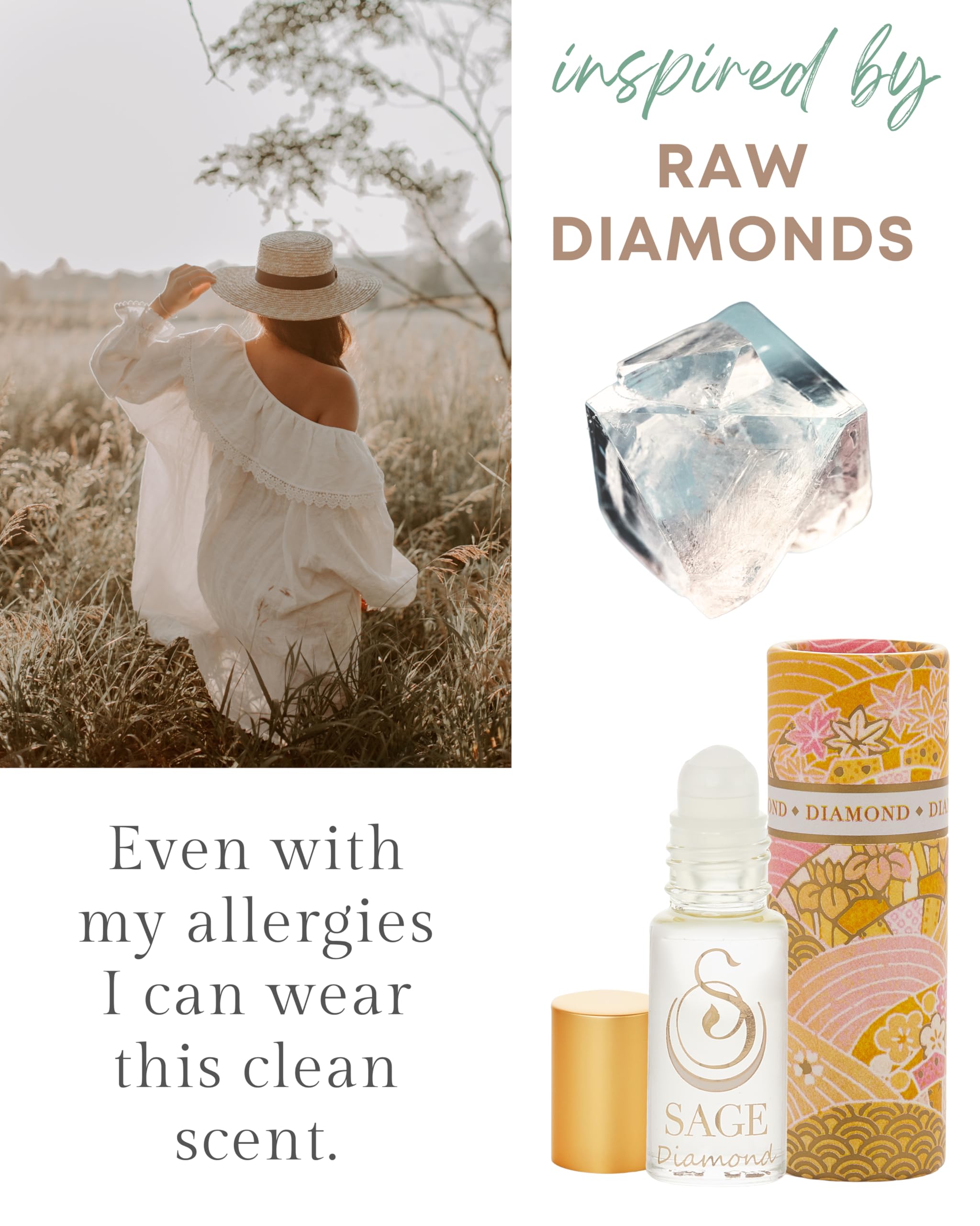 Premium Vegan Diamond Perfume Oil Roll-On by Sage - 1/8 oz, Cruelty-Free, Long-Lasting Sandalwood, White Amber & Musk Fragrance - Perfect for Daily Wear, Date Nights & Special Occasions