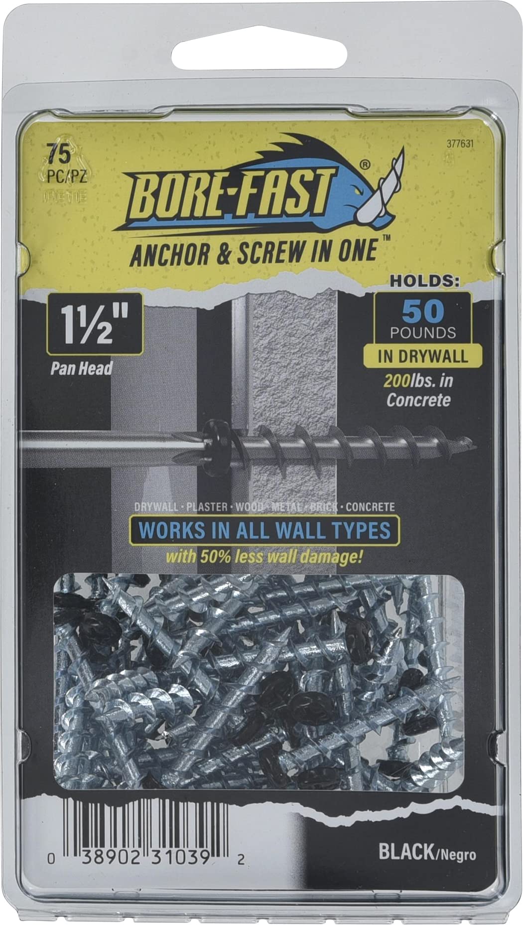 Hillman 377631 Borefast Drywall Anchors - Heavy Duty Black Wall Anchors for Hanging Pictures, Shelves & Mirrors - Secure Mounting Solution for Drywall & Plaster Walls