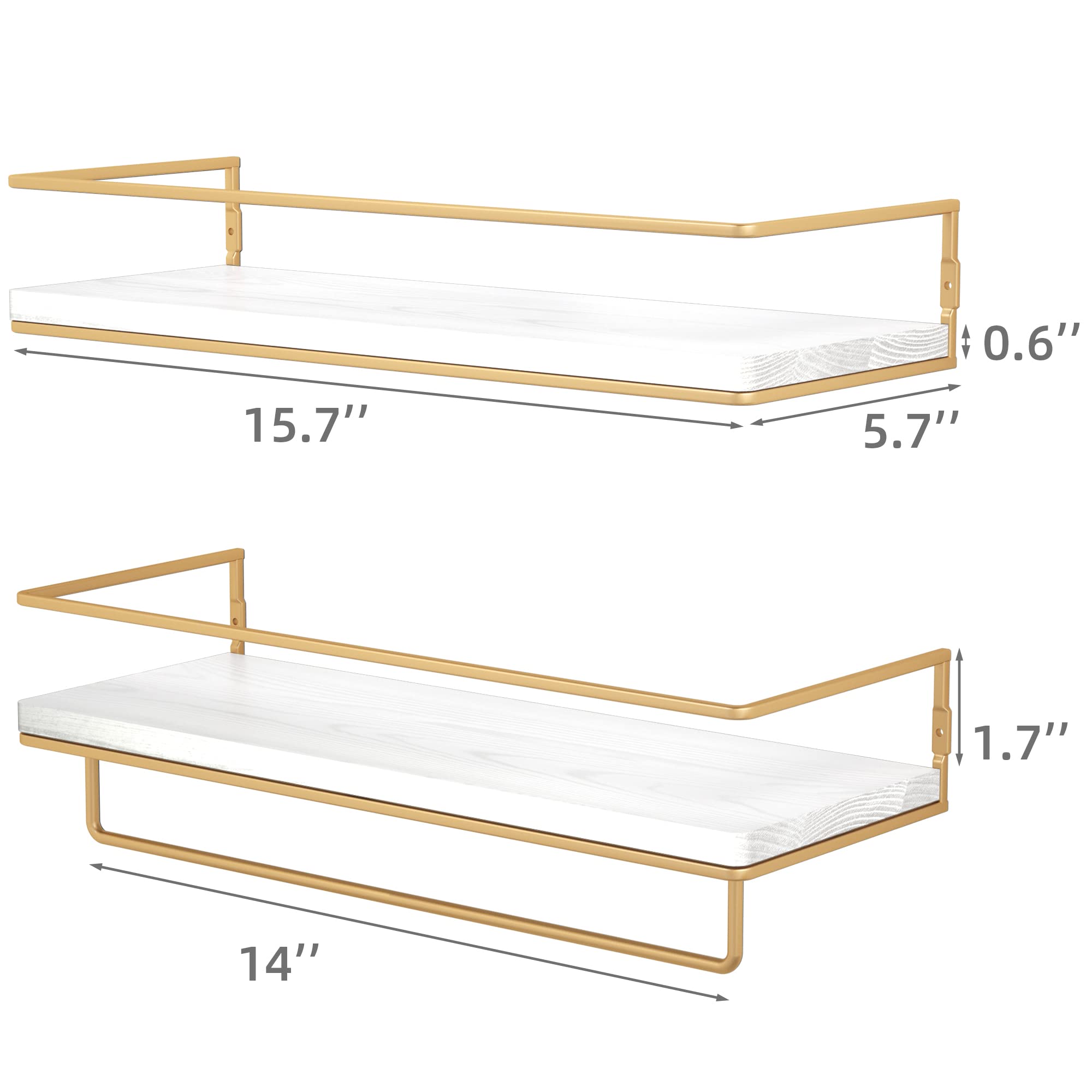 White Floating Shelves with Gold Towel Rack - Wall Mounted Storage Shelves for Bathroom, Kitchen & Bedroom - Set of 2 - Perfect for Organizing Towels, Decor & Essentials in Small Spaces