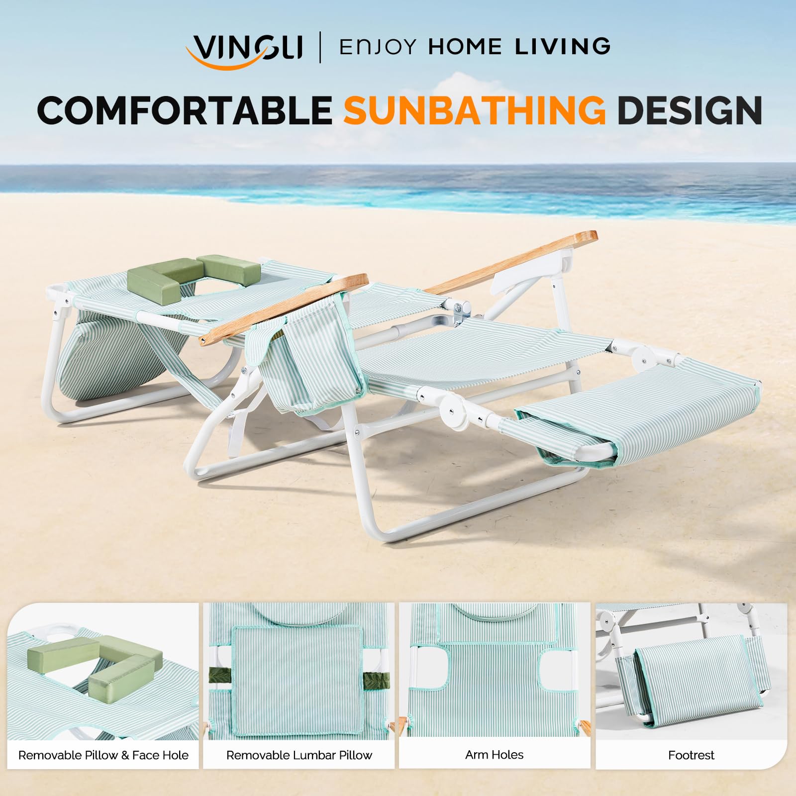 VINGLI Deluxe 3-in-1 Beach Chair with Face Hole - Portable Reclining Lounge Chair with Footrest, Cup Holder & Storage Bag - Perfect for Beach, Poolside, Camping & Backyard Relaxation