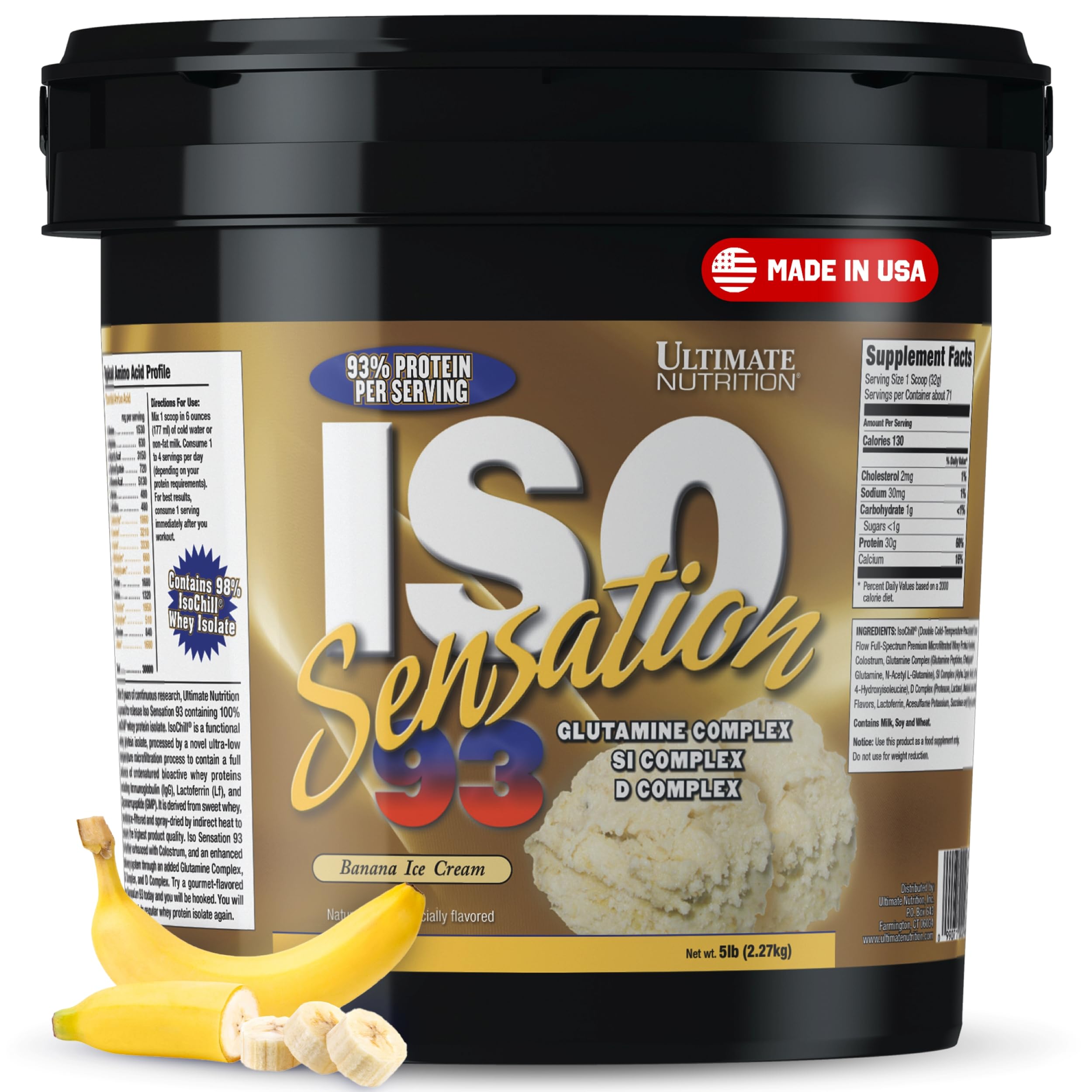 Ultimate Nutrition Whey Protein Isolate Powder with Glutamine Complex & Colostrum - ISO Sensation 93 for Muscle Recovery, Immunity Boost & Gut Health - Banana Flavor, 5lbs - Perfect for Post-Workout, Gym & Fitness Enthusiasts