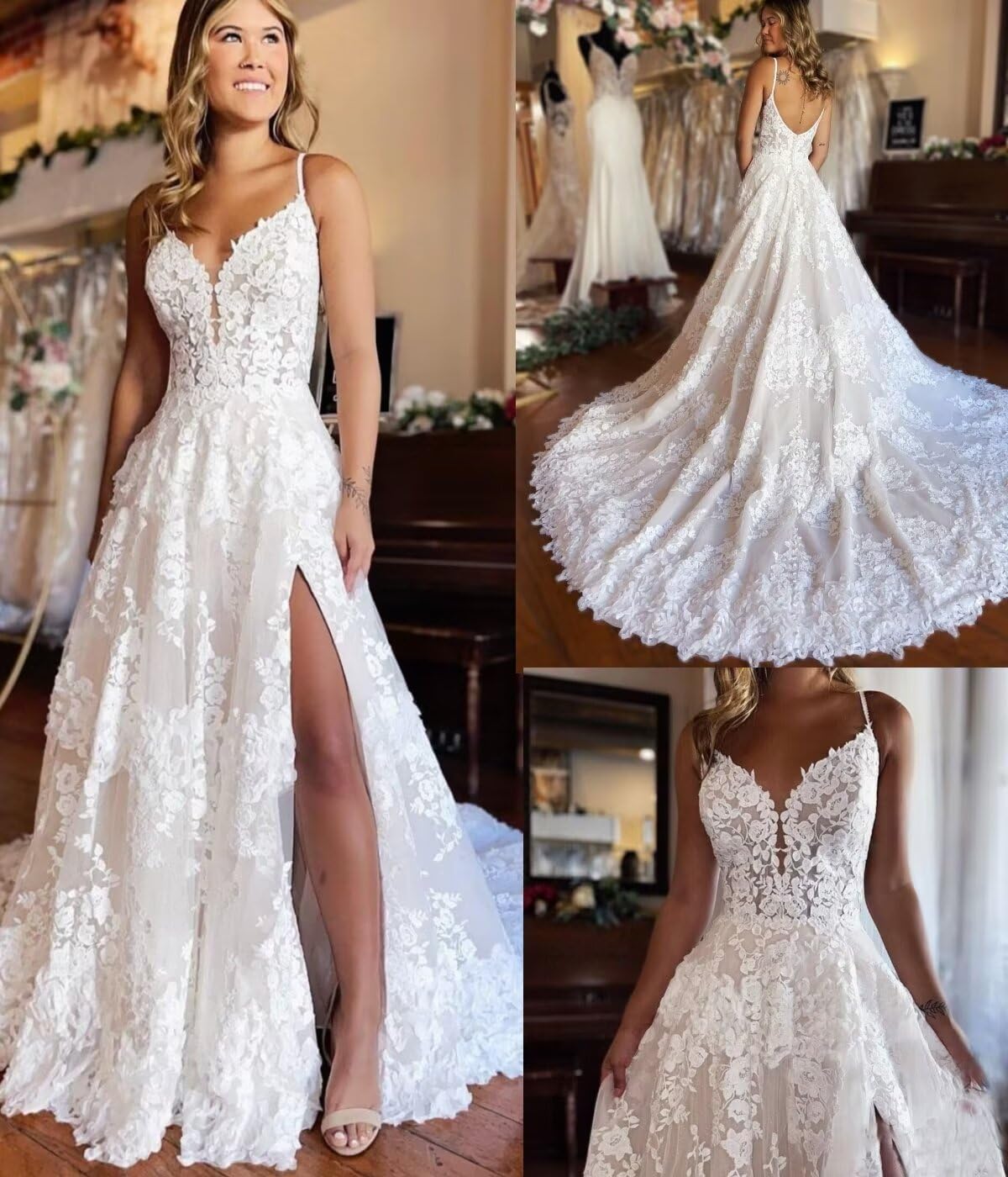 2024 Women's Beach Wedding Dresses - Elegant Spaghetti Straps Lace Appliques Bridal Gowns for Bride | Perfect for Destination Weddings, Beach Ceremonies & Tropical Vows