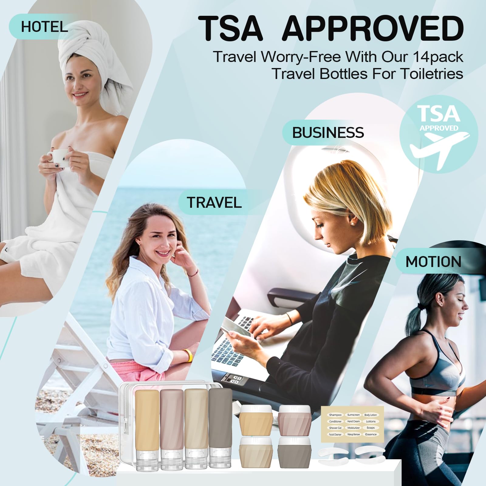 14-Pack TSA Approved Leak-Proof Travel Bottles for Toiletries - Premium Silicone Refillable Squeeze Bottles & Cream Jars Set with Clear Bag (Apricot) - Perfect for Air Travel, Camping & Gym Essentials Organization