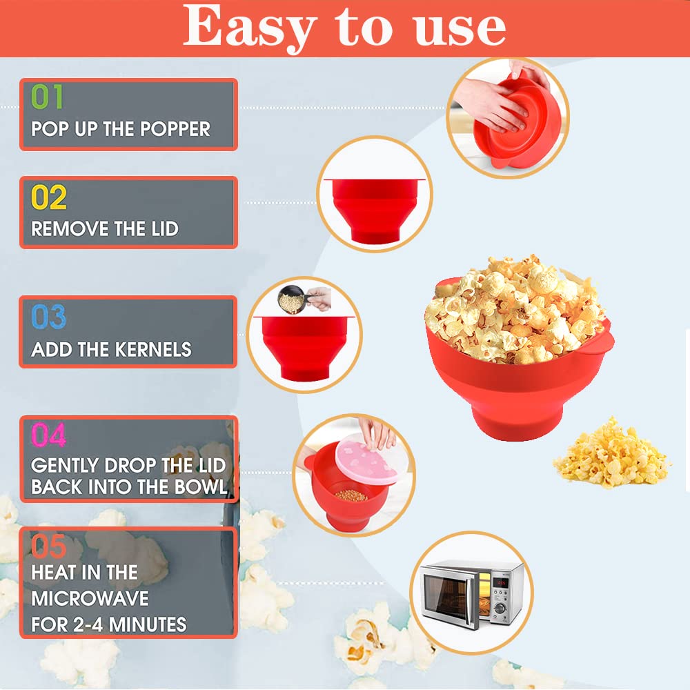 BPA-Free Silicone Microwave Popcorn Popper - Collapsible Hot Air Popcorn Maker Bowl (Red/Blue) | No Oil Needed | Perfect for Movie Nights, Snack Time & Healthy Eating