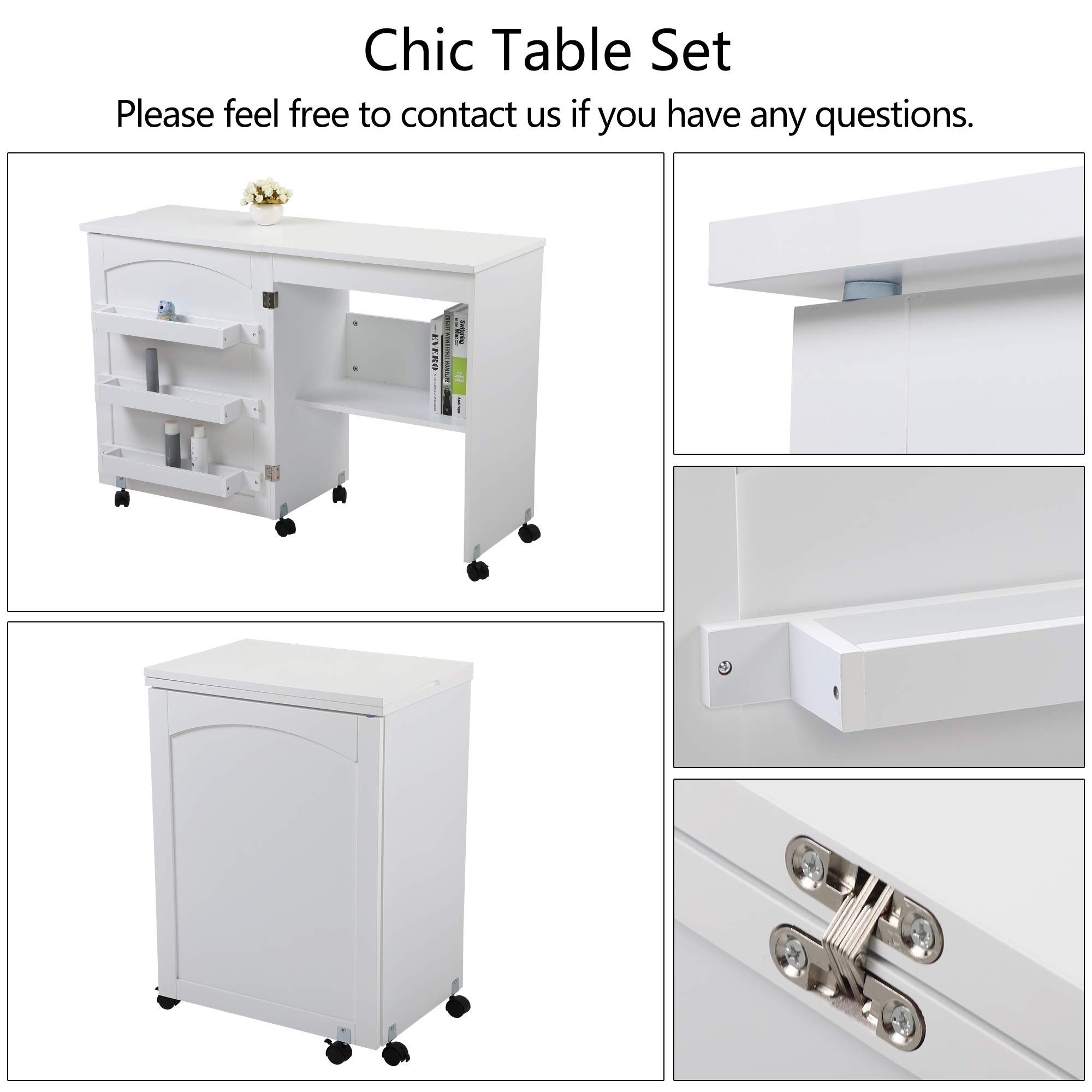 Compact Folding Sewing Craft Table with Storage Shelf & 3 Trays - White Sewing Machine Cabinet for Quilting, DIY Projects & Home Crafting Workspace