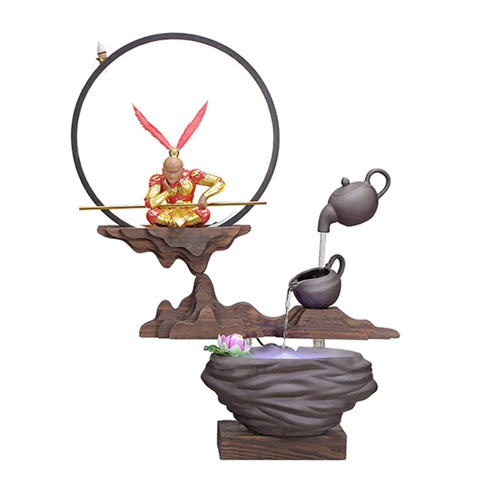 Ceramic Backflow Incense Burner with Wooden Stand - Decorative Tabletop Fountain & Humidifier for Home Office Zen Meditation - Indoor Waterfall Decor with Monkey Sculpture for Stress Relief & Aromatherapy