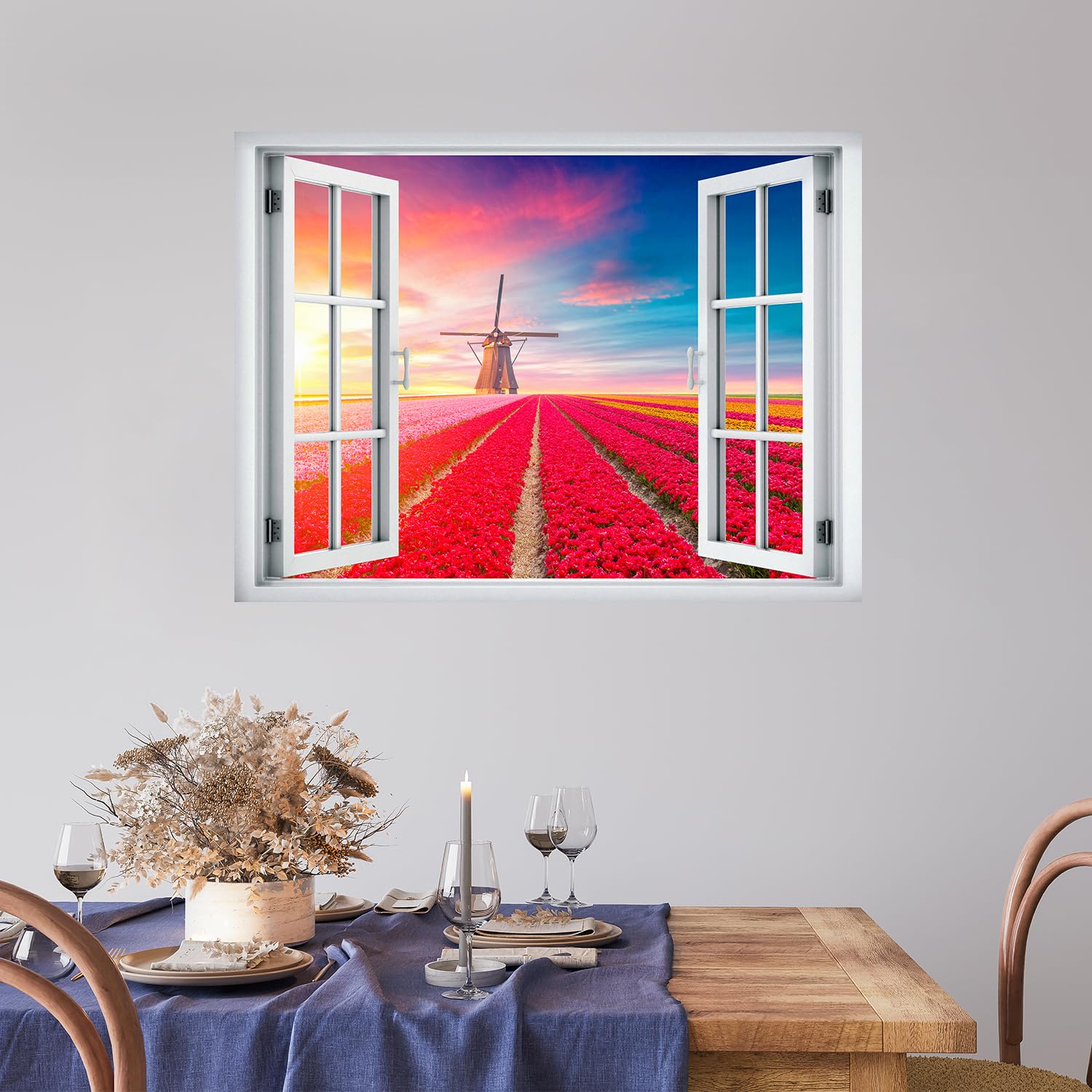 Wall26 Removable Wall Sticker - Vibrant Sunset Dutch Windmill & Flower Field Landscape Mural (24