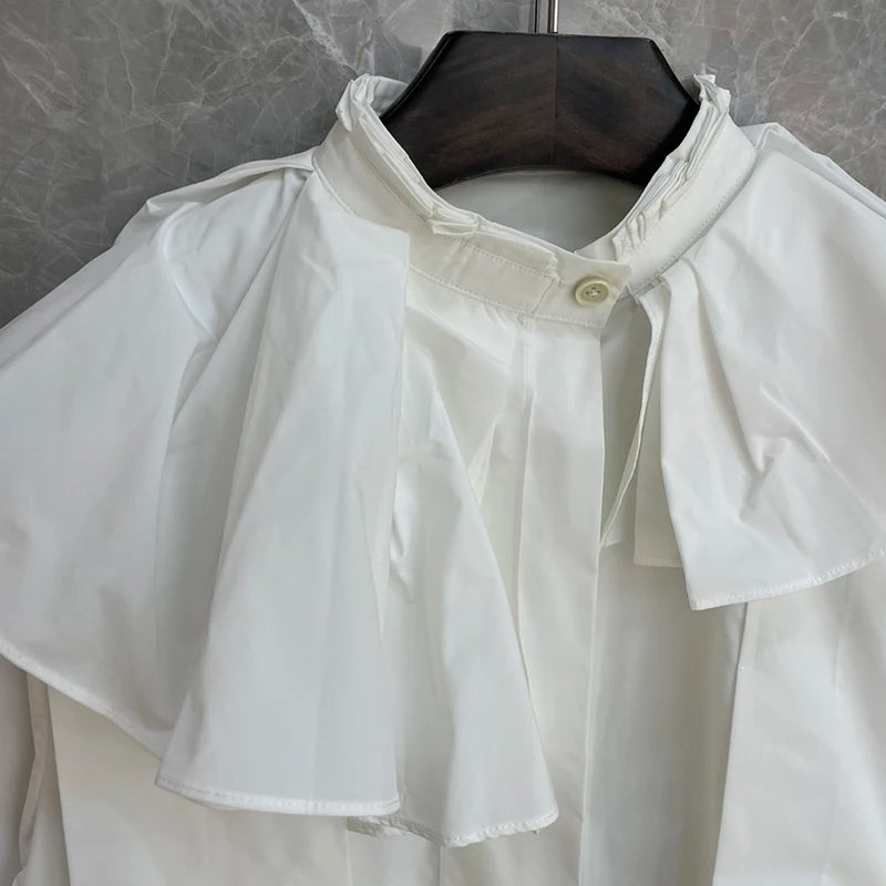 Apricot Minimalist Short Sleeve Blouse for Women - Stand Collar Long Sleeve Patchwork Pleated Loose Korean Style Top | Perfect for Office Wear, Casual Outfits & Spring Fashion