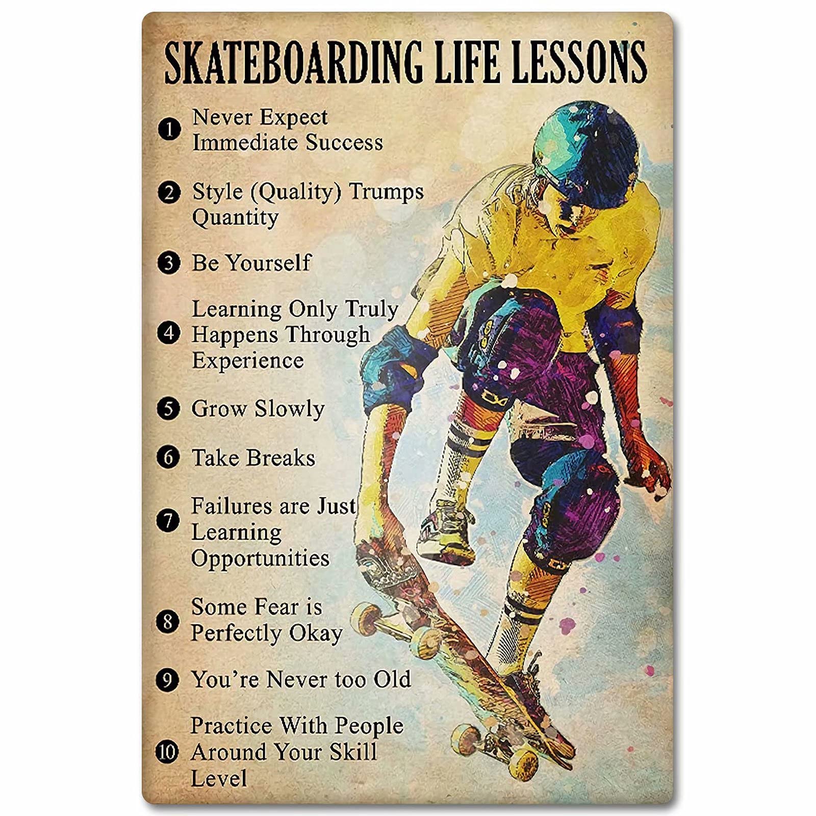 Skateboarding Life Lessons Metal Sign - 8x12 Inch Vintage Tin Poster Wall Art for Skateboard Lovers - Perfect for Bedroom, Bathroom, Garage & Man Cave Decor